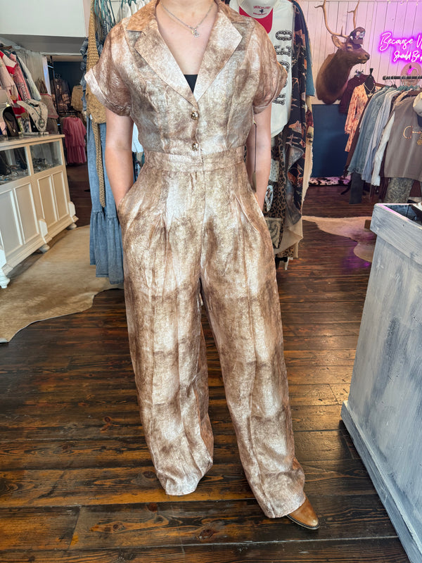 A. Peach Printed Short Sleeve Jumpsuit