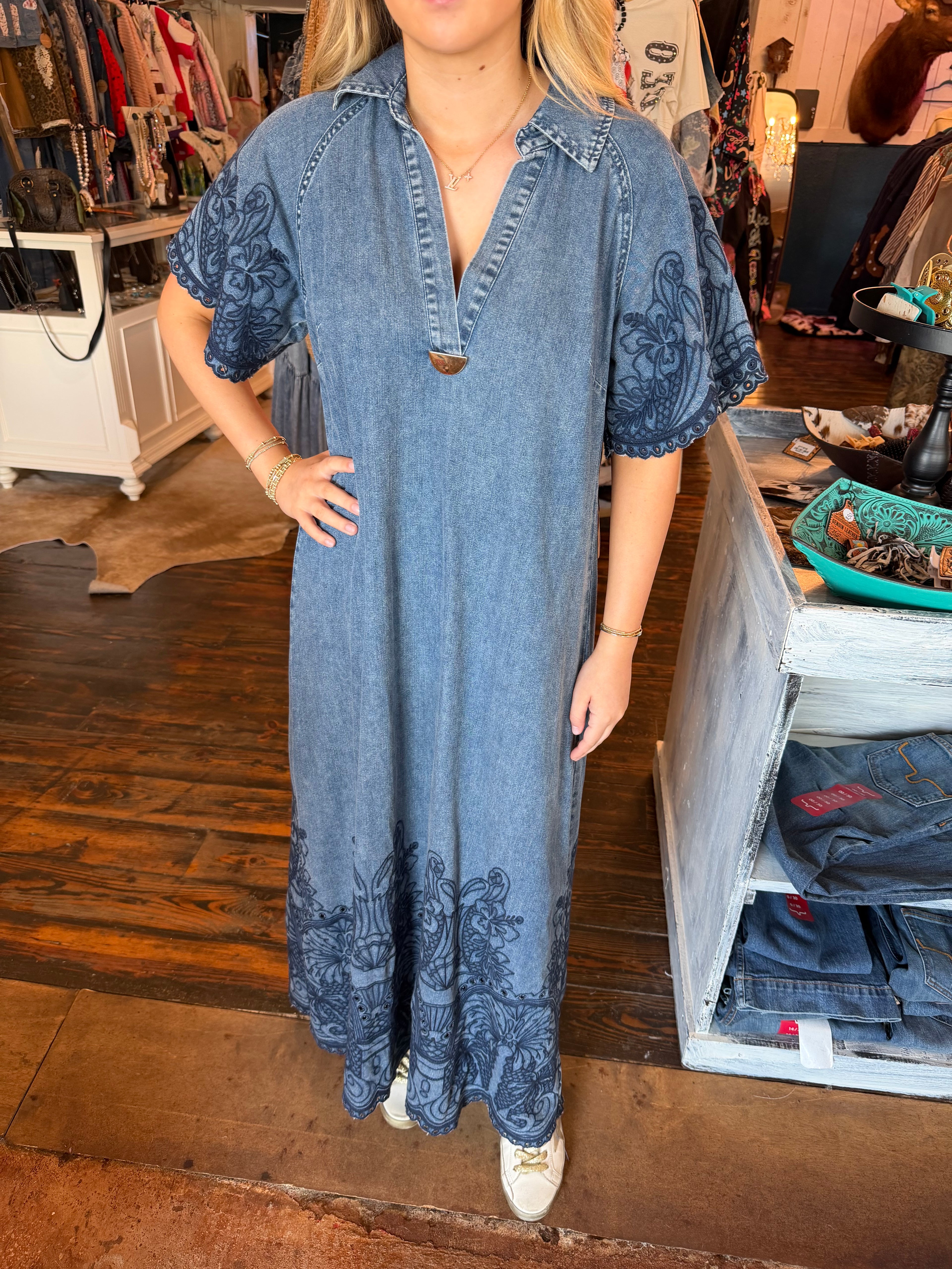 Embroidered Scallop Edge Dress