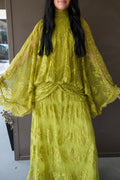 High-Neck Floral Lace Maxi Dress with Cape-Style Sleeves