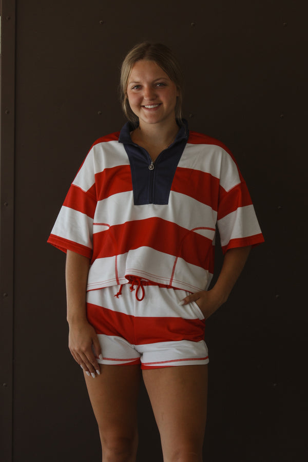 4th Of July Striped Top Front Zip Shorts Set