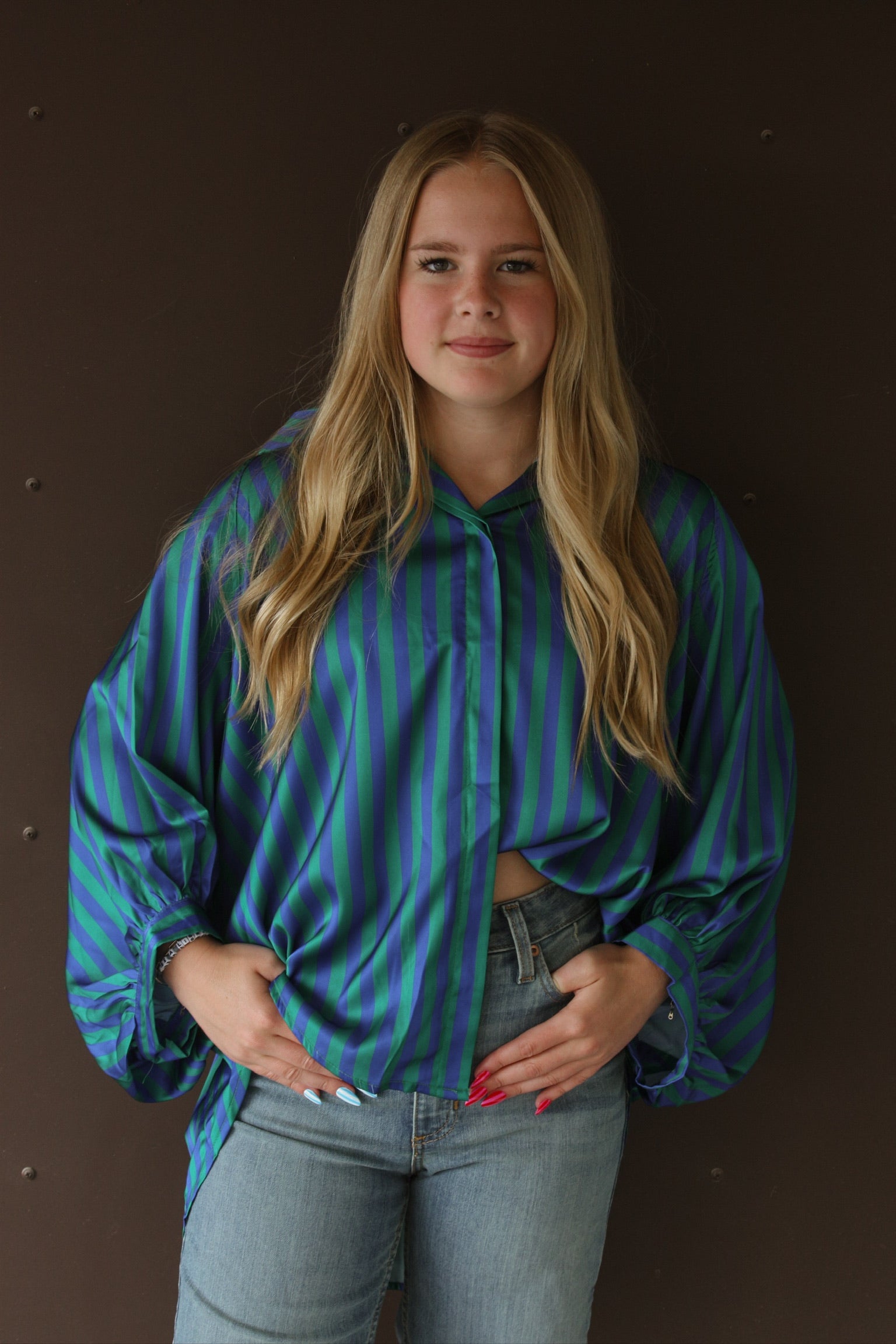 Oversized Shirt With Balloon Sleeve - Stripe