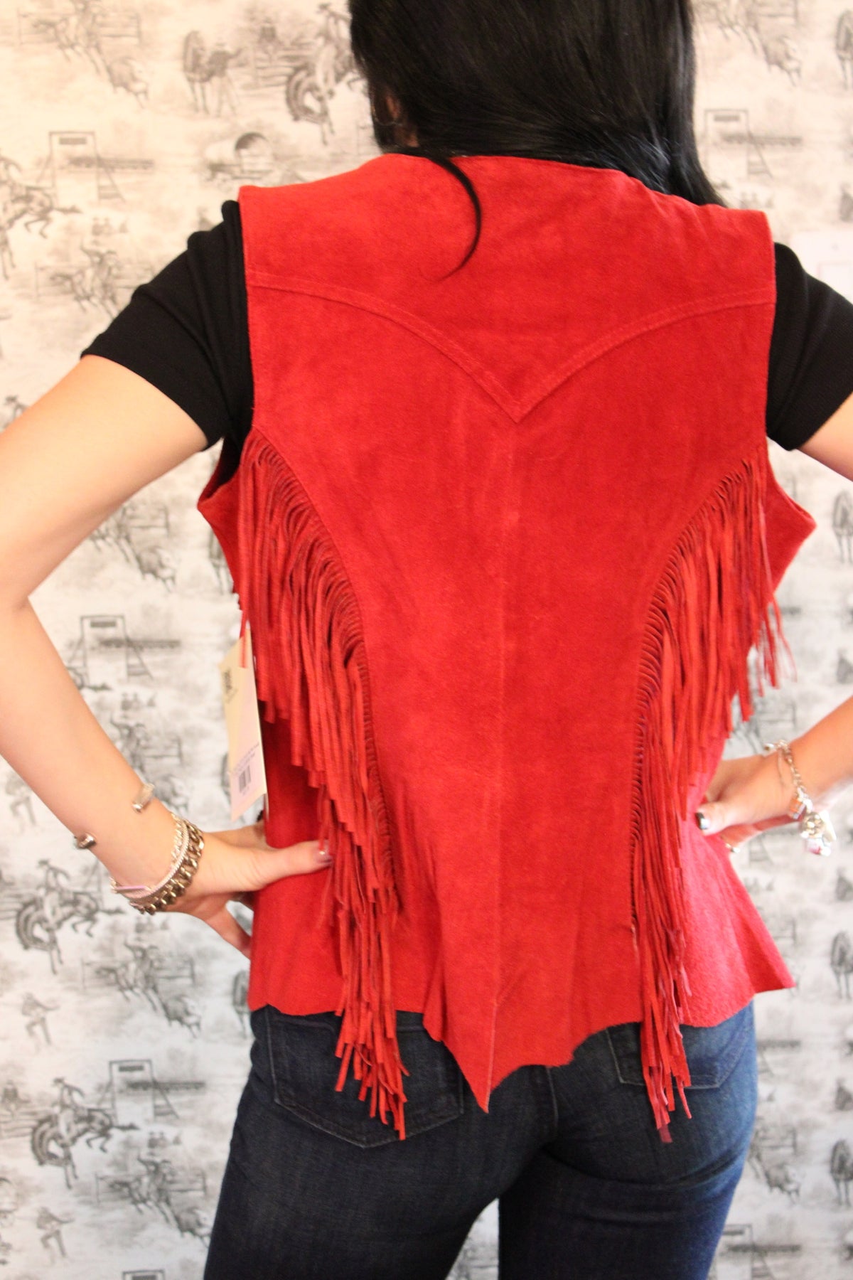 Scully Fringe Snap Front Closure Vest Red Suede