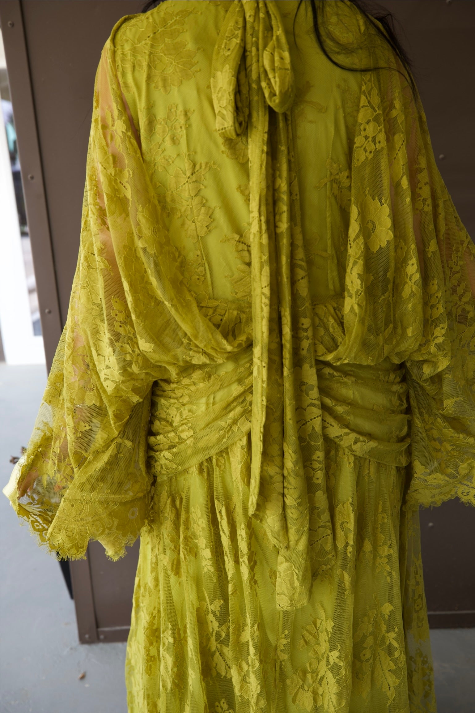 High-Neck Floral Lace Maxi Dress with Cape-Style Sleeves