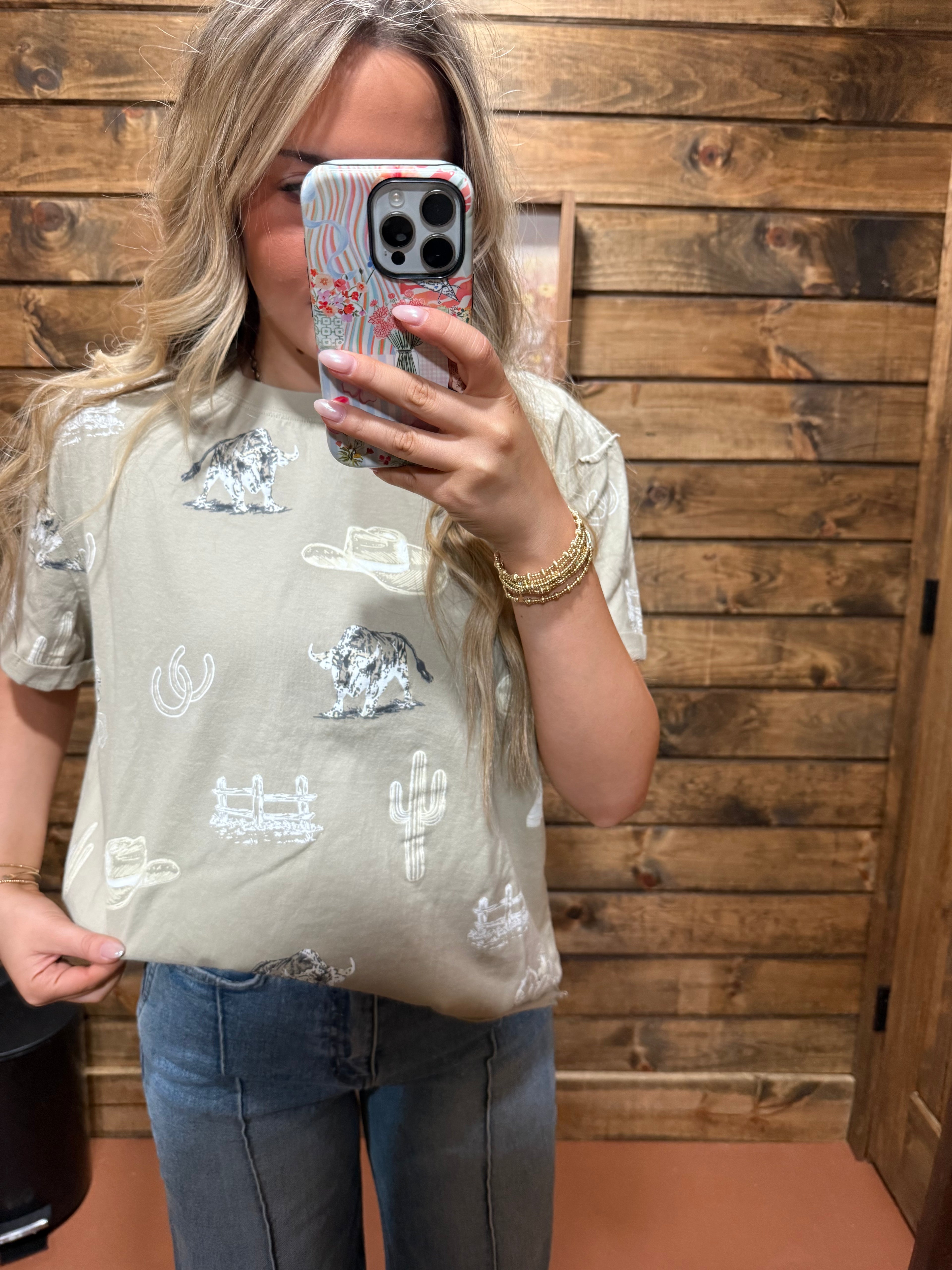 Western Printed Round Neck Short Sleeve T-Shirt