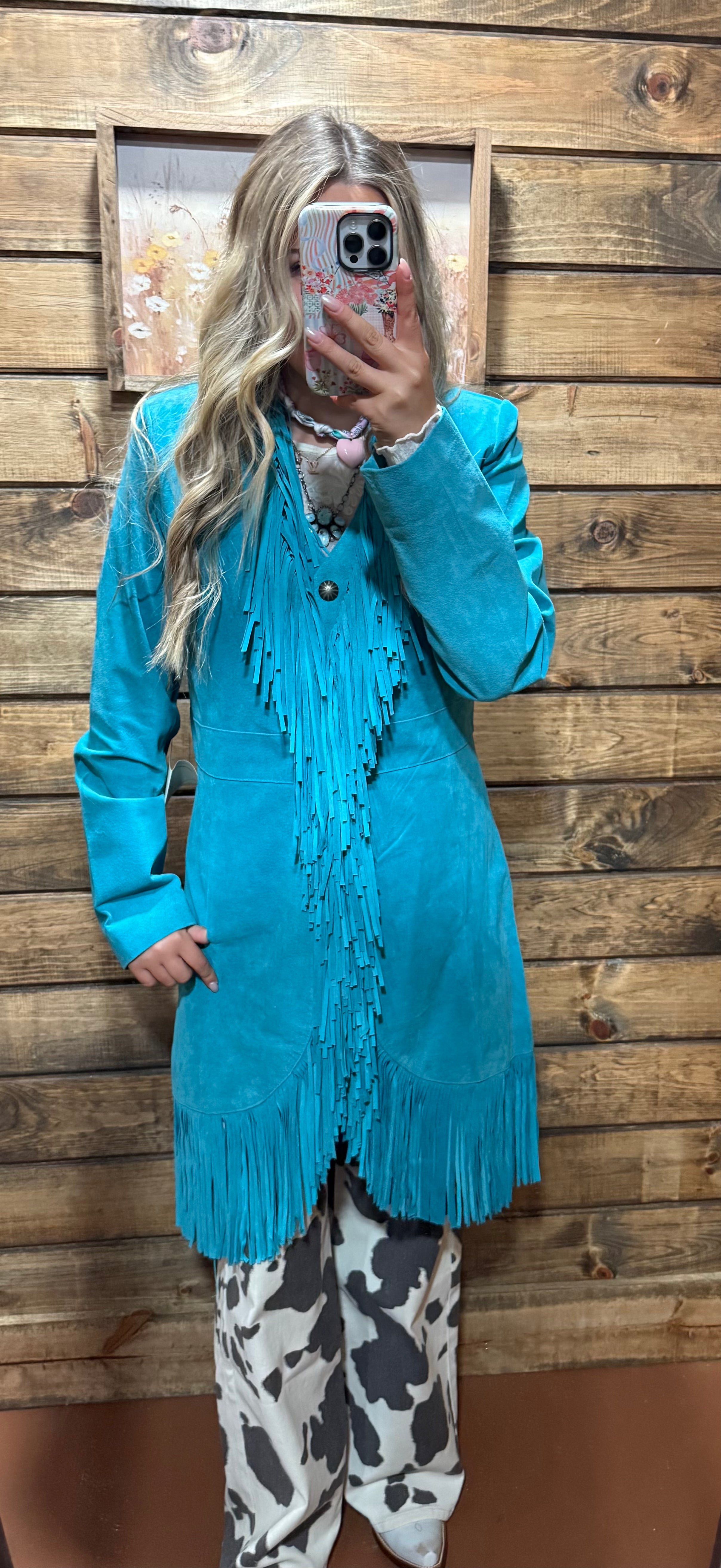 Scully Fringe Long Boar Suede Coat Dark Turquoise