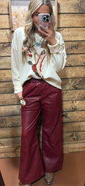 Umgee Faux Leather Pants with Elastic Waistband Wine