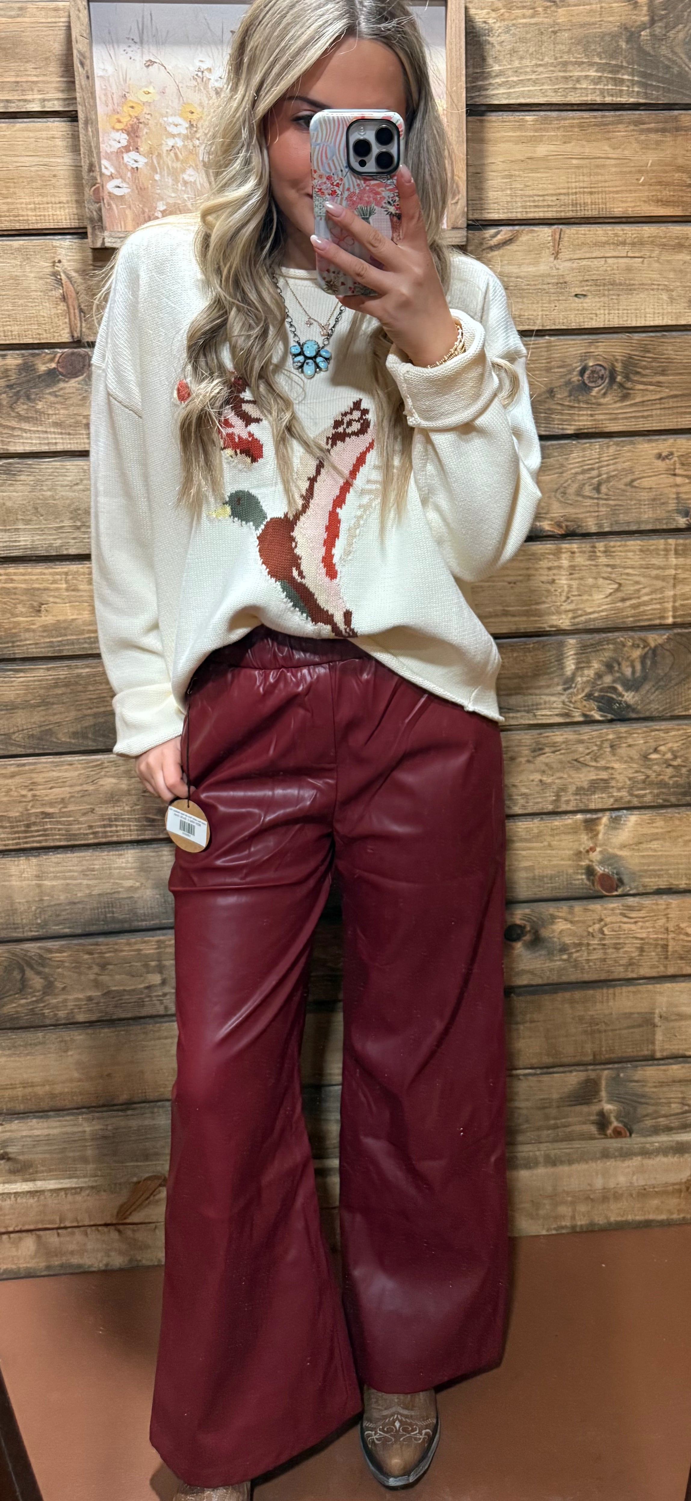 Umgee Faux Leather Pants with Elastic Waistband Wine