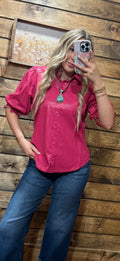 Umgee Puff Sleeve Faux Leather Blouse Magenta