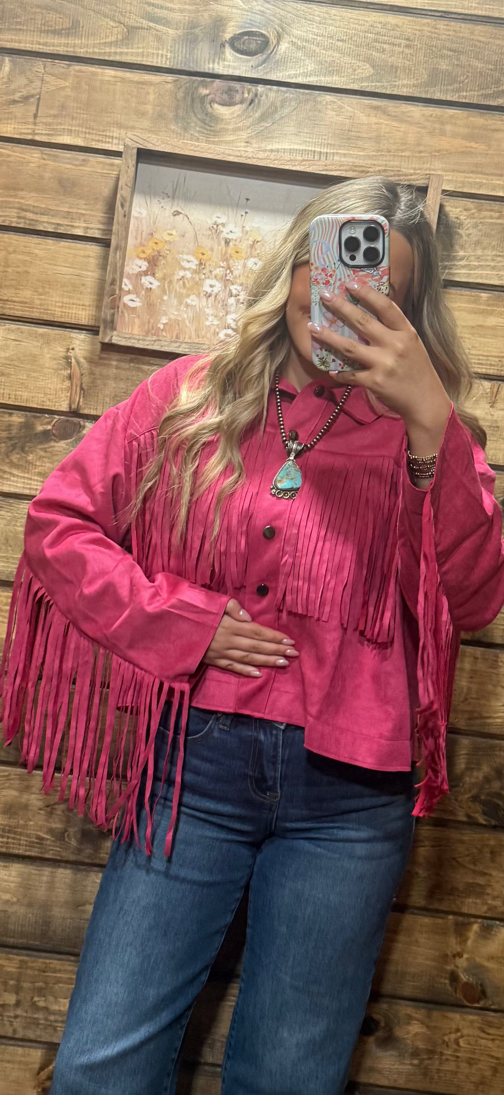 Umgee Suede Boxy Cut Jacket With Fringe Detail Magenta