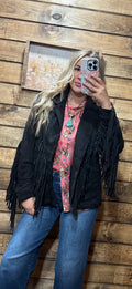 Umgee Suede Fringe Snap Button Jacket Black