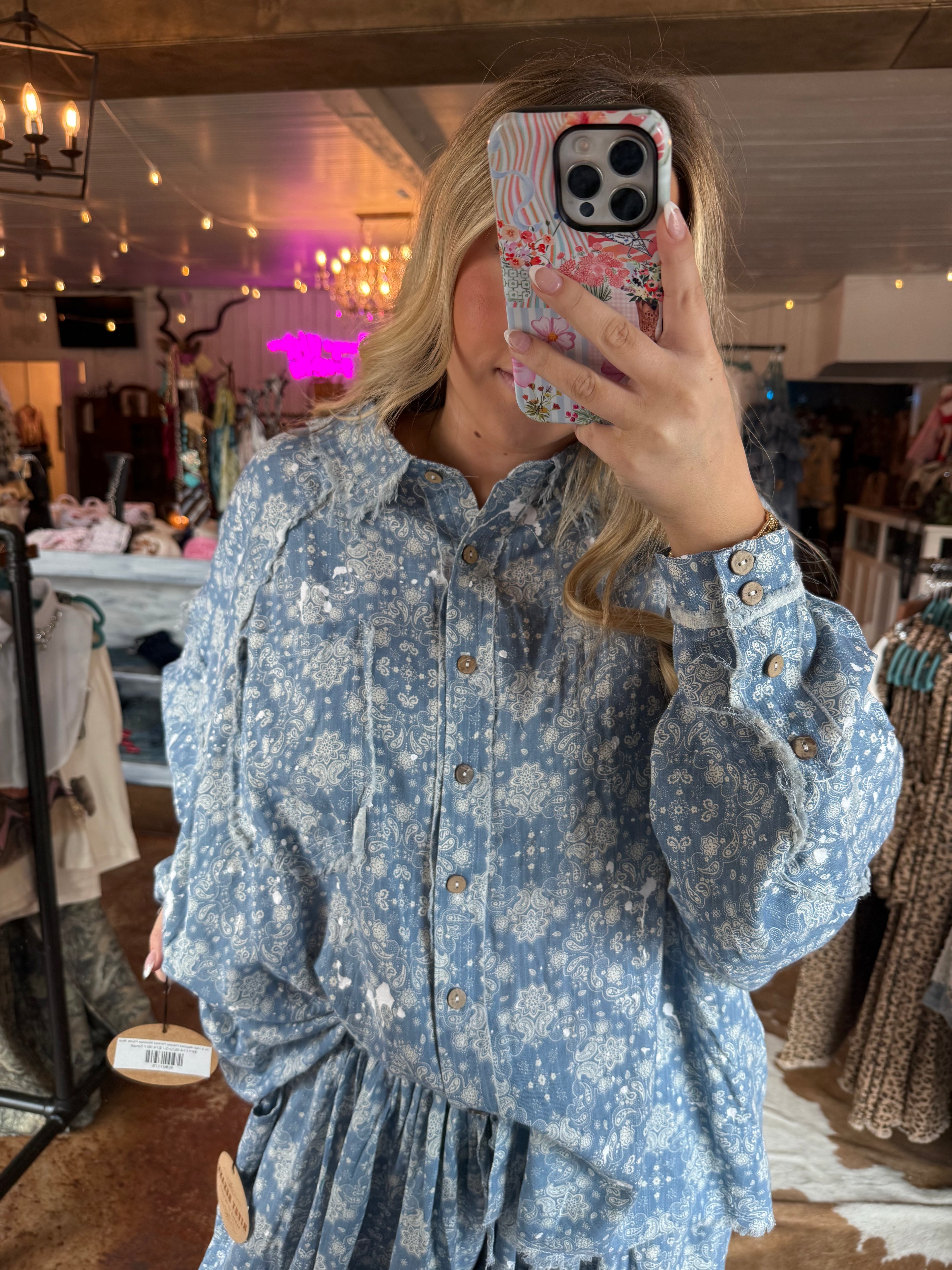 Oli & Hali Washed Paisley Printed Button Down Blouse Blue