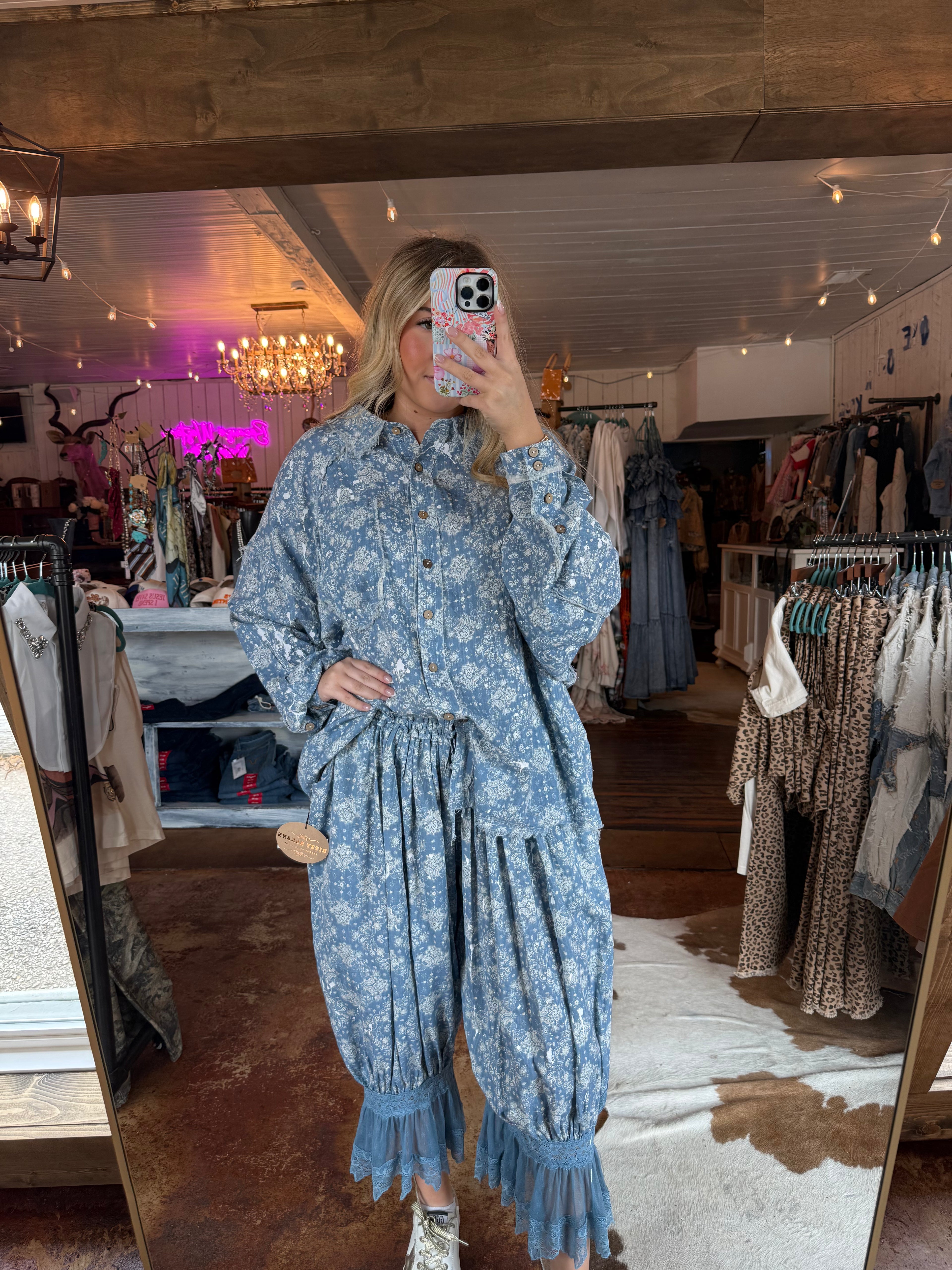Oli & Hali Washed Paisley Printed Button Down Blouse Blue
