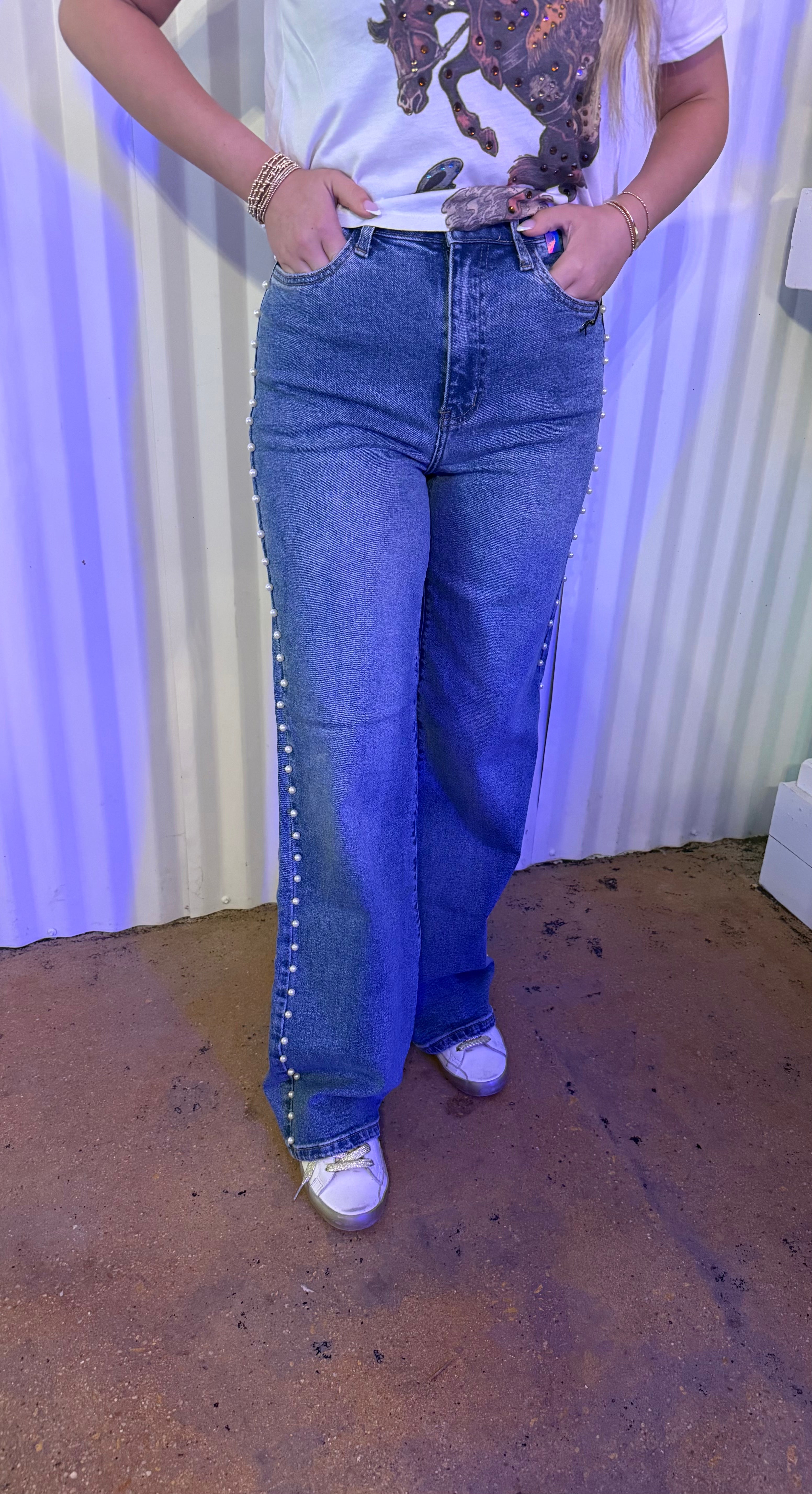 Pearl Studded Wide Leg Jeans