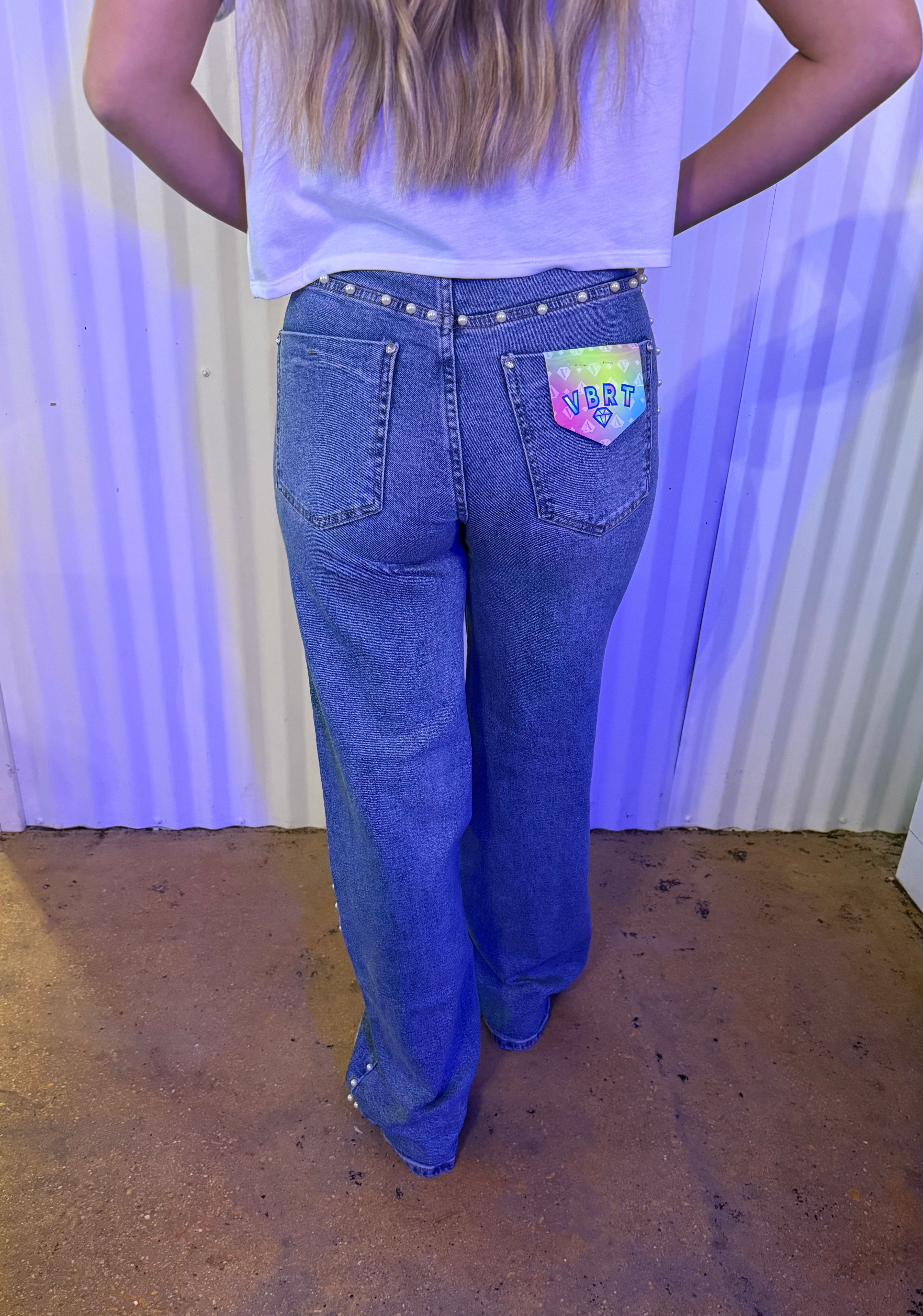 Pearl Studded Wide Leg Jeans