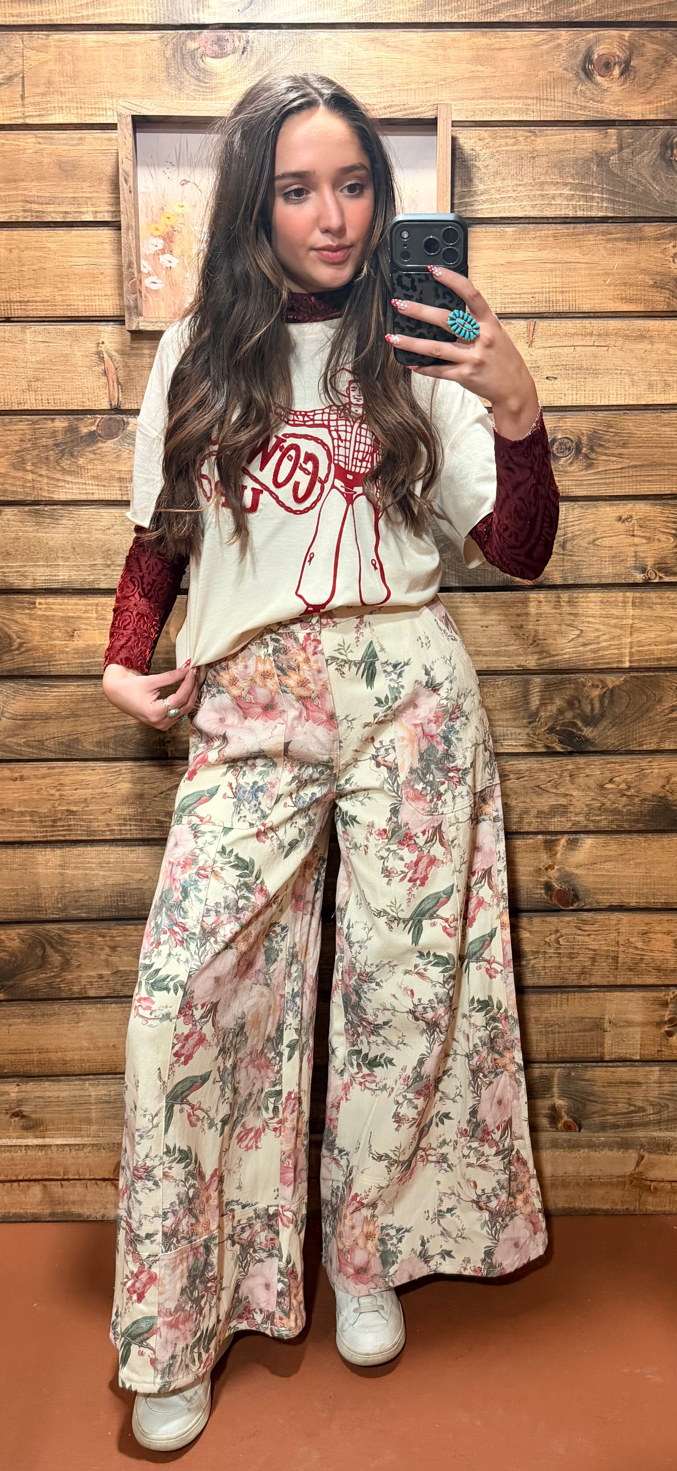Davi+Dani Cream Floral Wide Leg Jeans