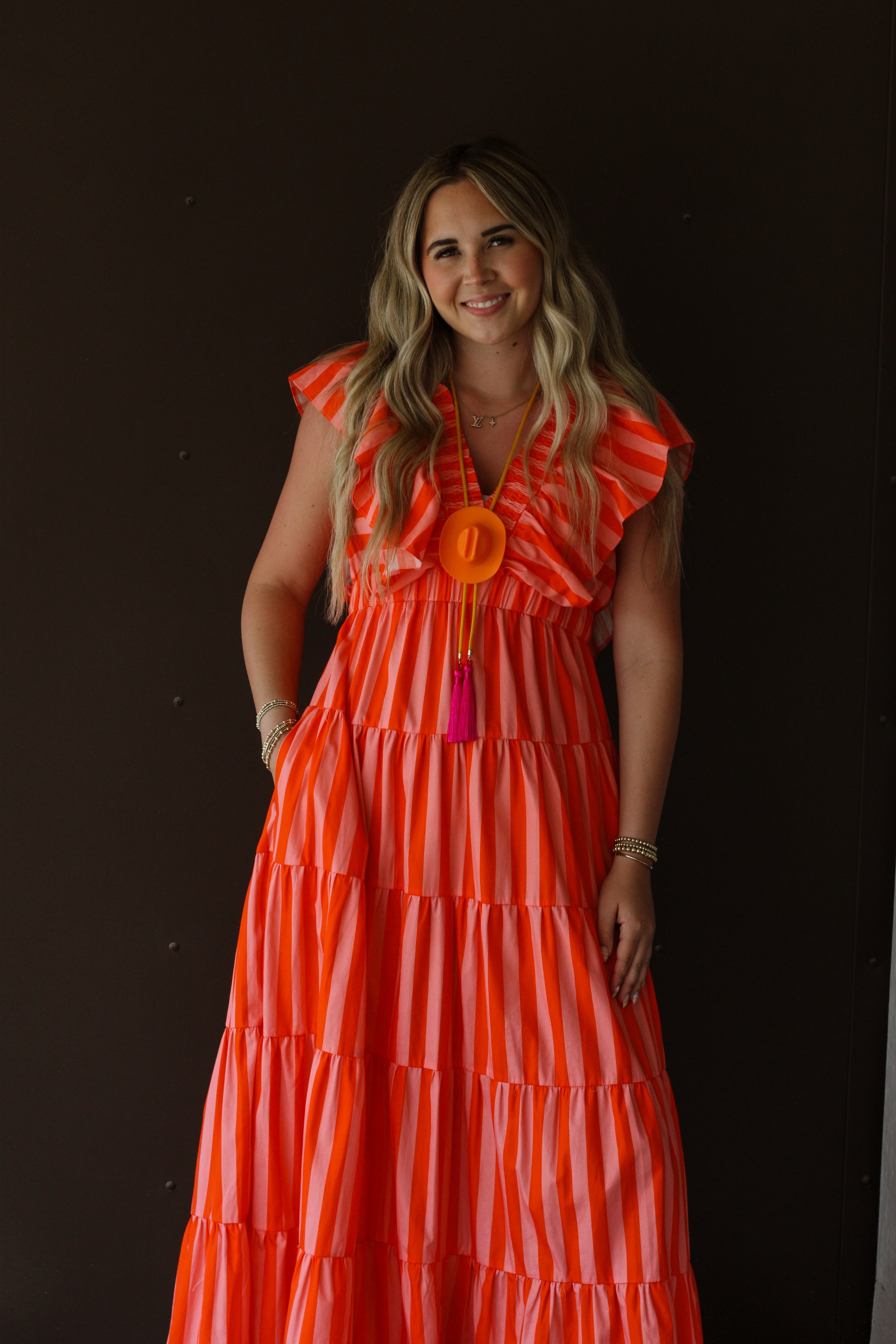 Striped Ruffle-Sleeve Midi Dress