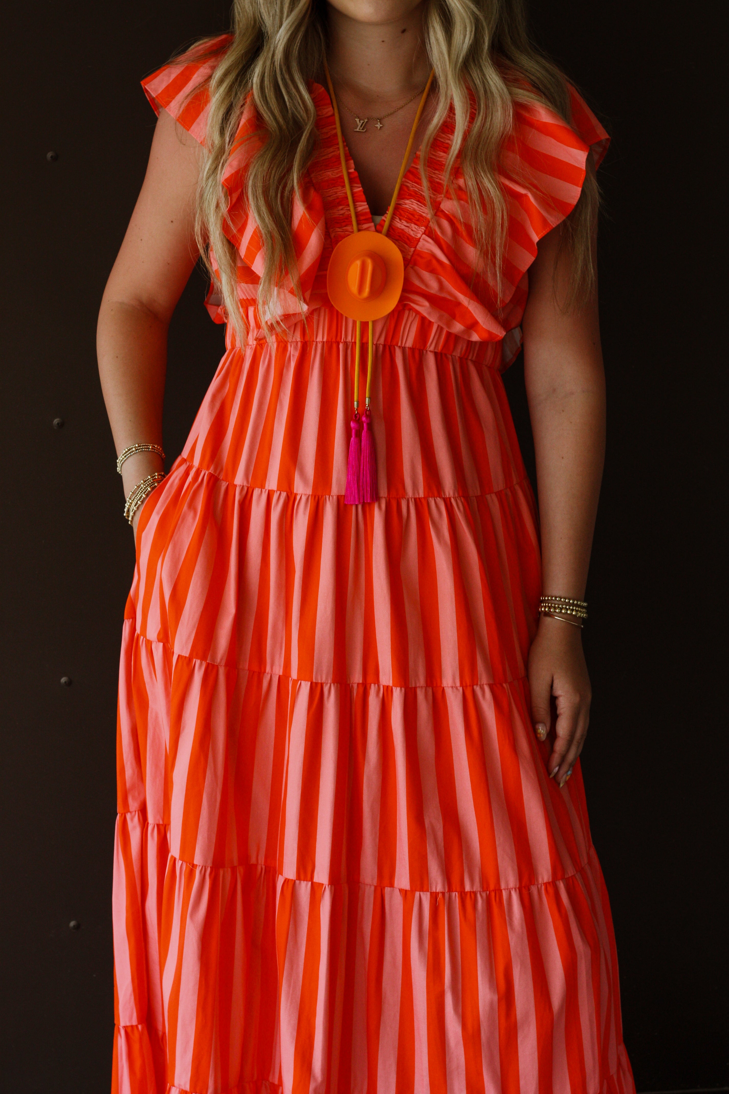 Striped Ruffle-Sleeve Midi Dress
