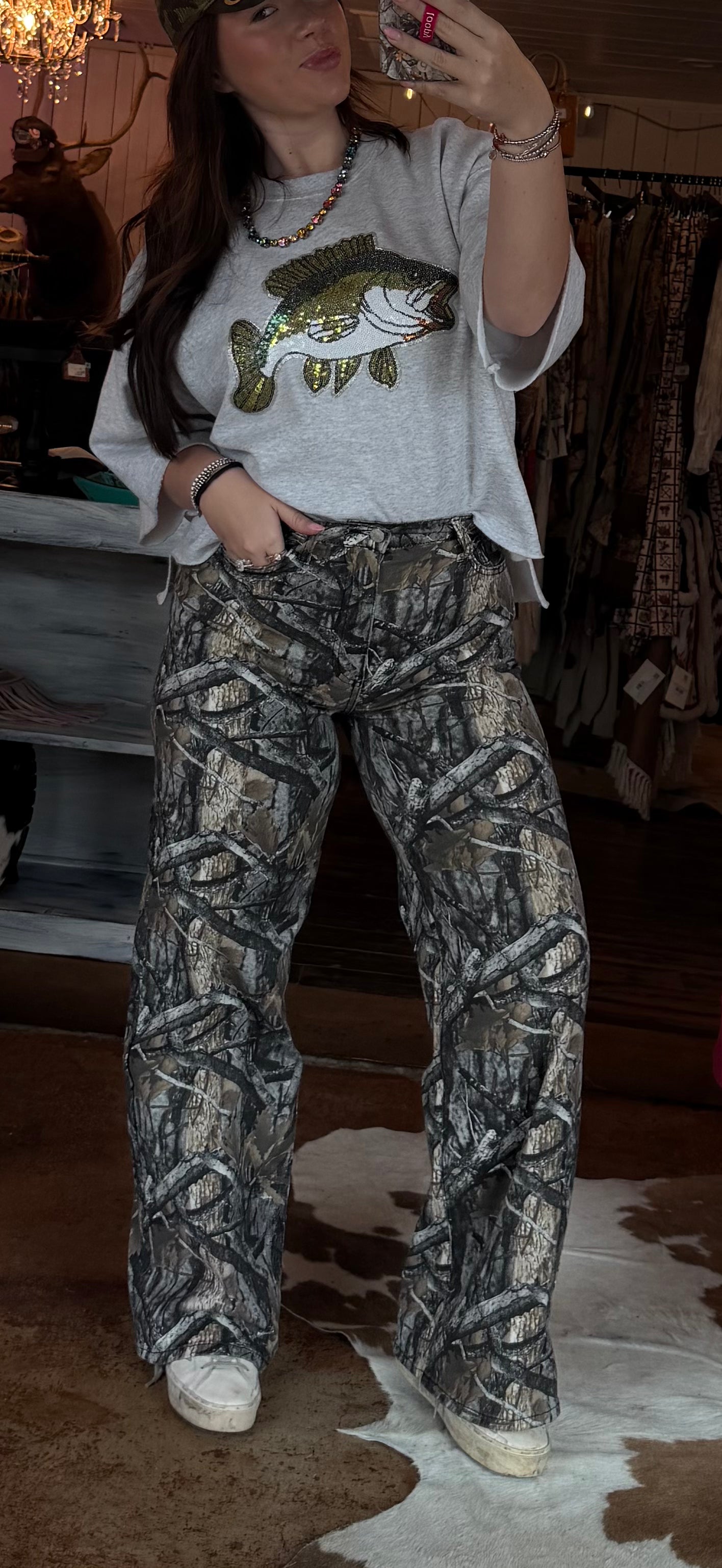 High-Rise Camo Print Wide Leg Jean