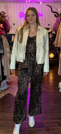 Umgee Cheetah Print Smocked Waist Jumpsuit Brown