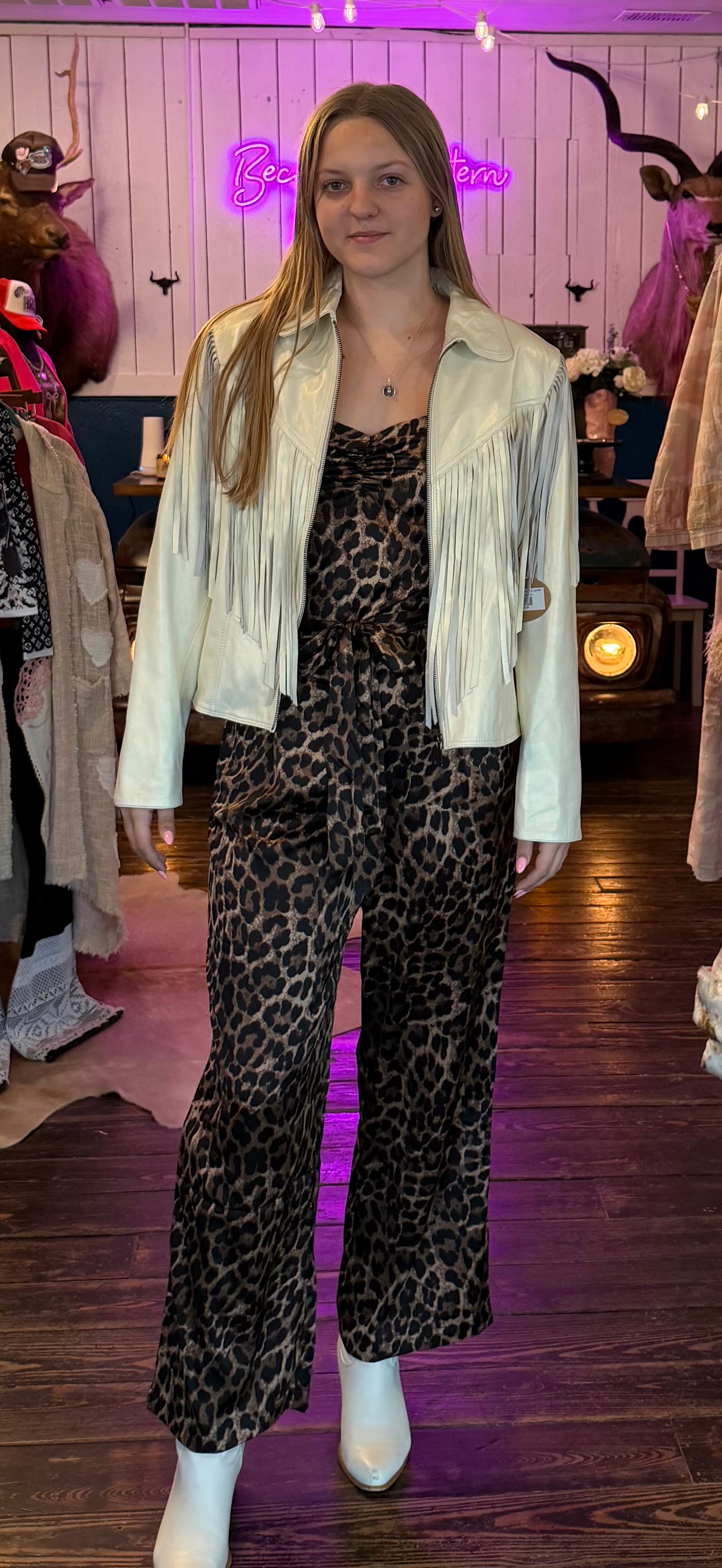 Umgee Cheetah Print Smocked Waist Jumpsuit Brown