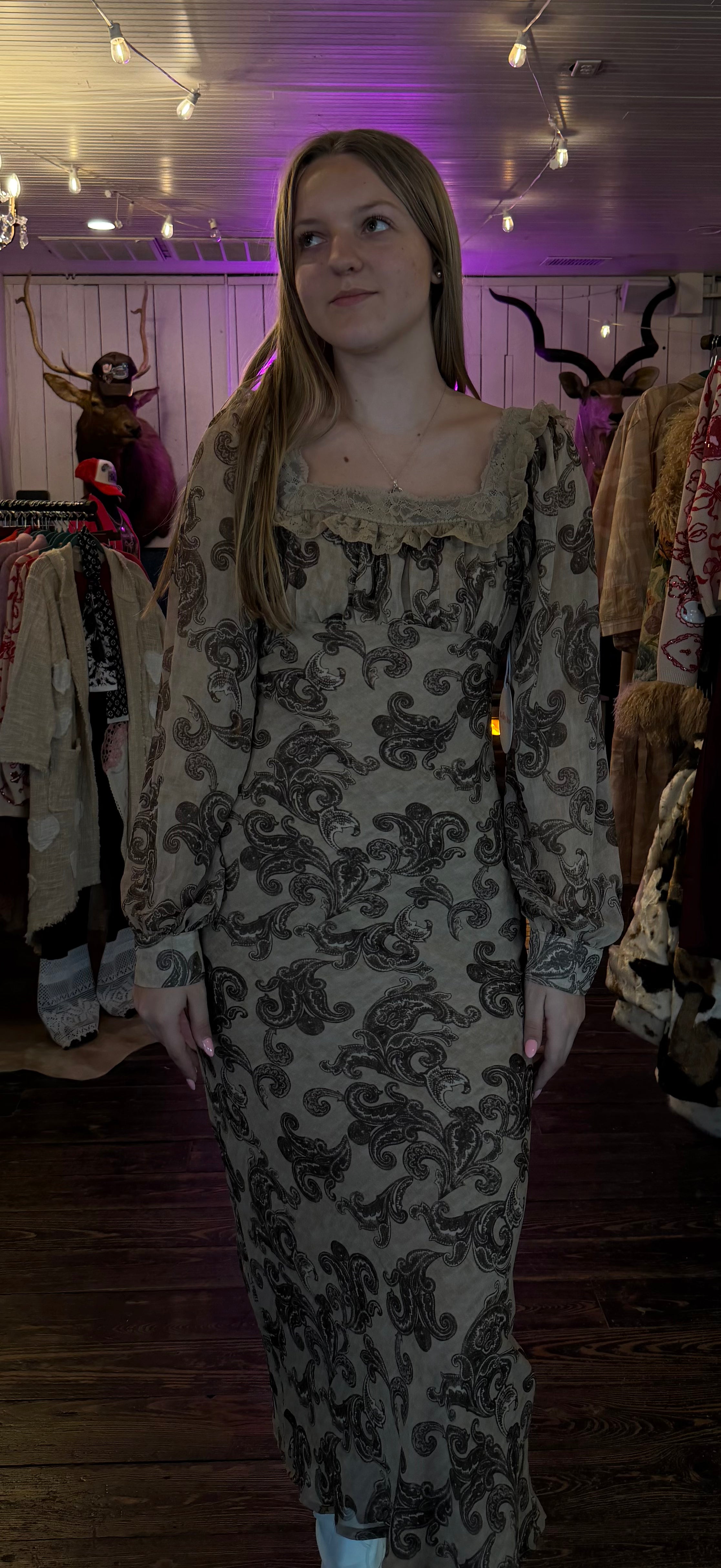 Bailey Rose Lace Trim Paisley Print Maxi Dress Tan