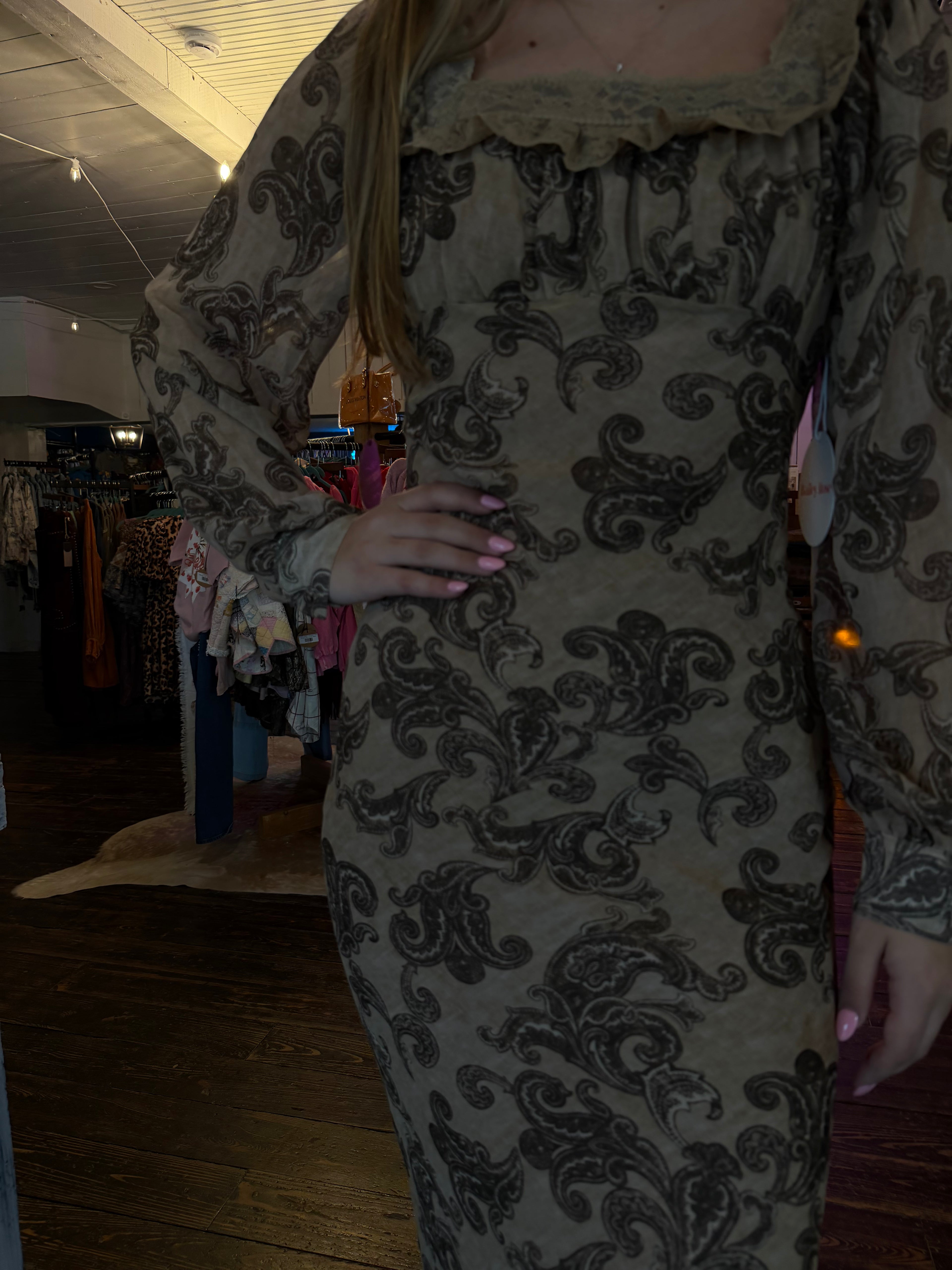 Bailey Rose Lace Trim Paisley Print Maxi Dress Tan