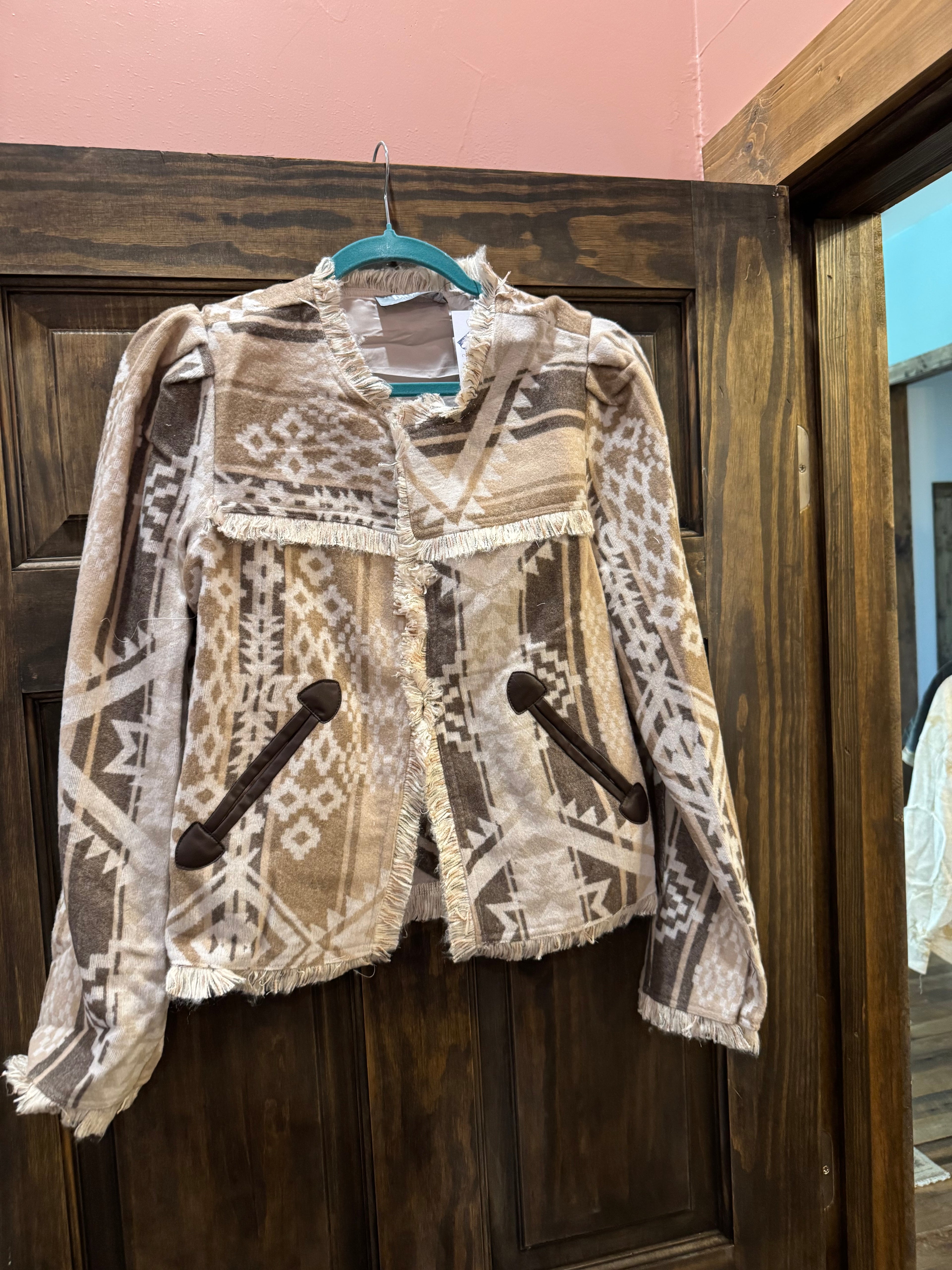 Aztec Jacquard Frayed Edge Hook & Eye Jacket