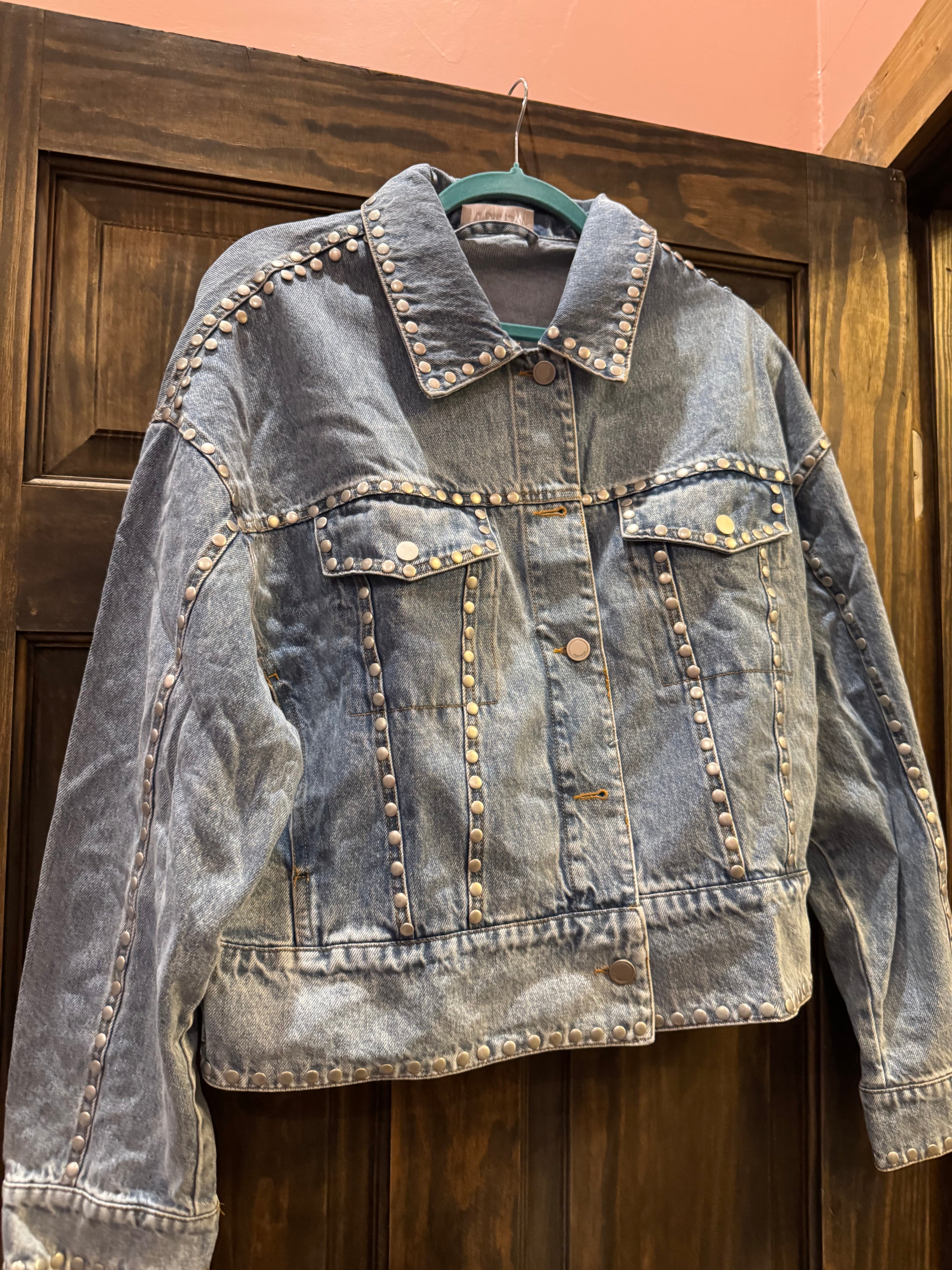 Flat Silver Studded Loose Button Up Denim Jacket