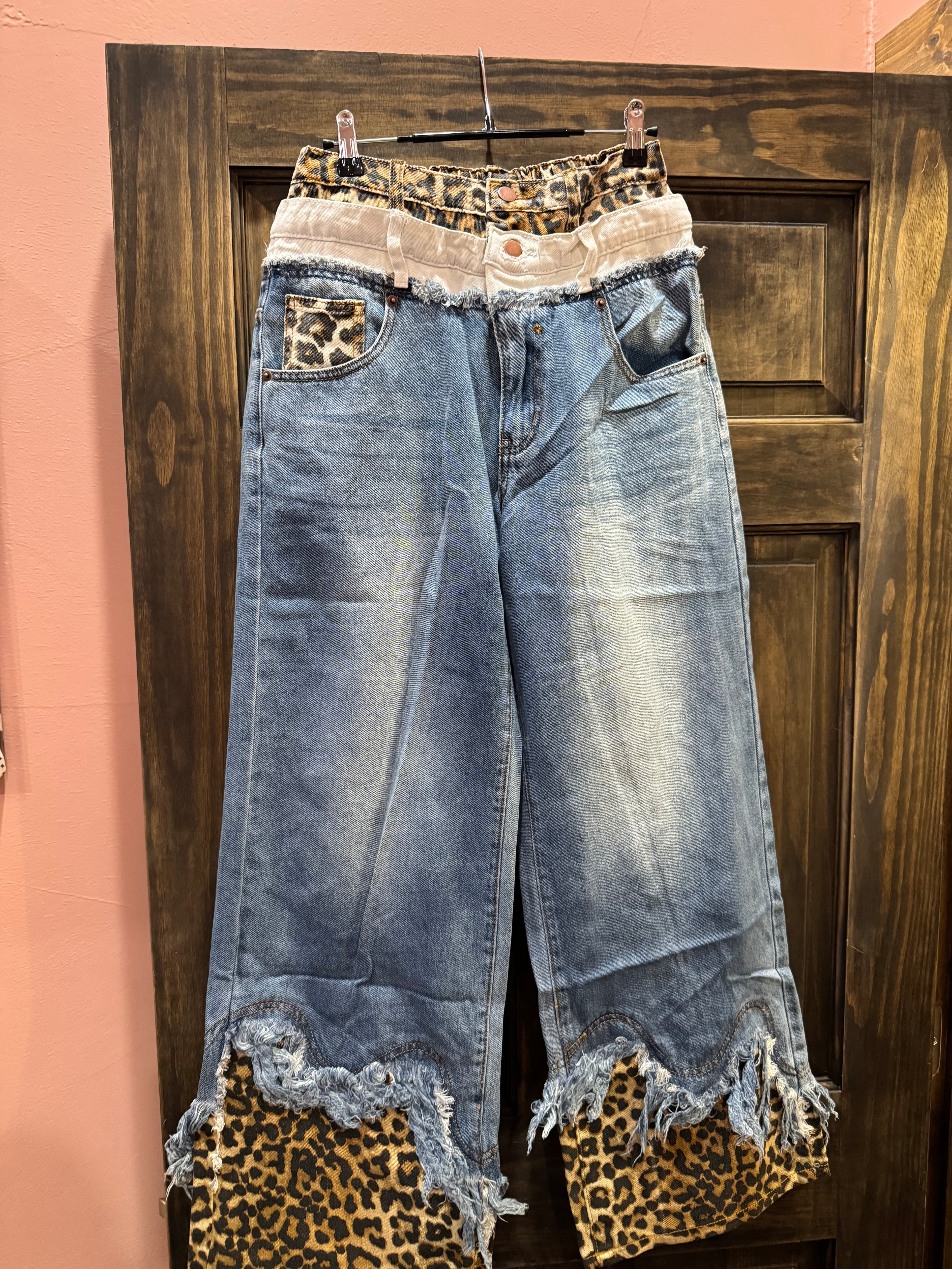Oli & Hali Doubled Waist Frayed Hem Jeans Leopard Denim
