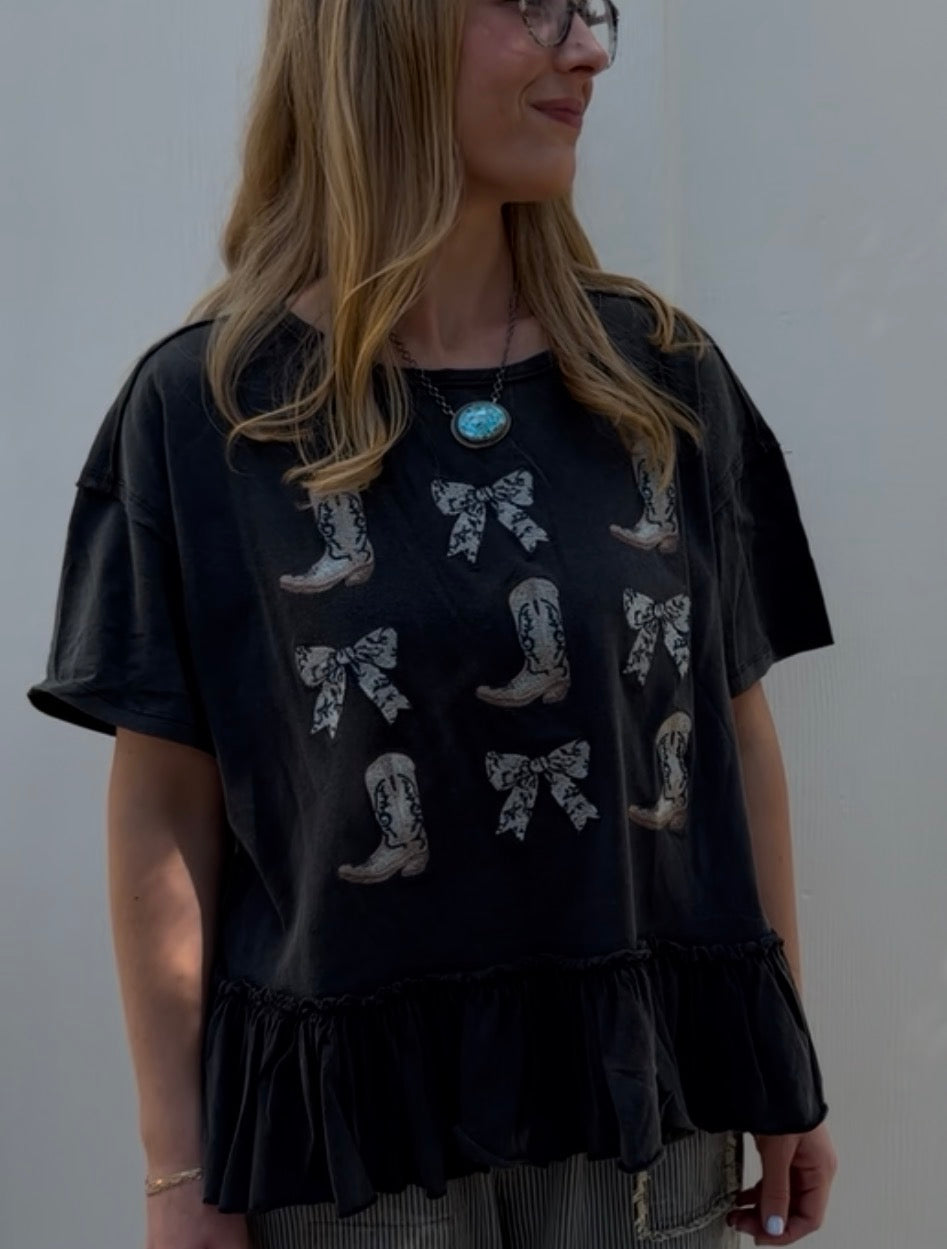 Round Neck Western Graphic Peplum Top
