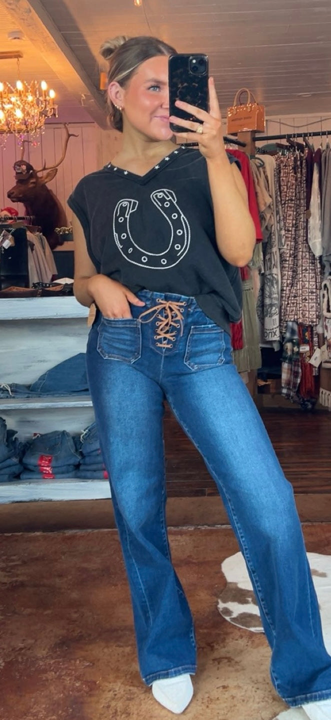 High Rise WIde Leg Cowboy Tie Detail