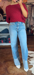 Rhinestone High-Rise Cuff Up Wide Leg Jeans