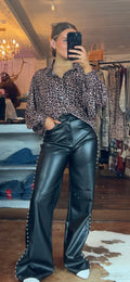Vibrant Leather Pearl Studded Jeans Black