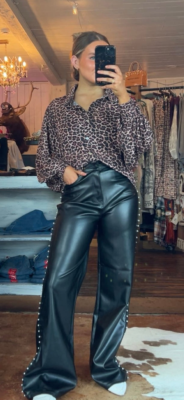 Vibrant Leather Pearl Studded Jeans Black