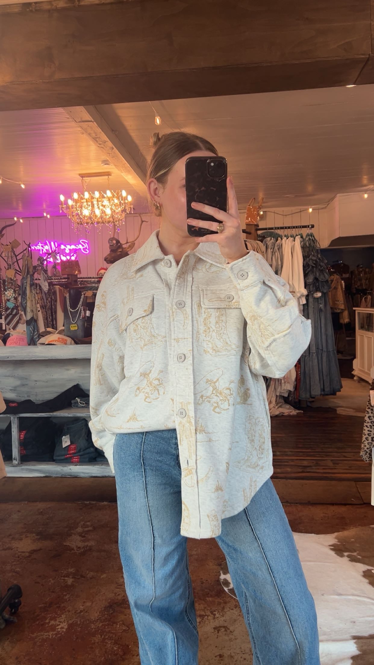 All Over Western Printed Long Sleeve Loose Fit Shacket