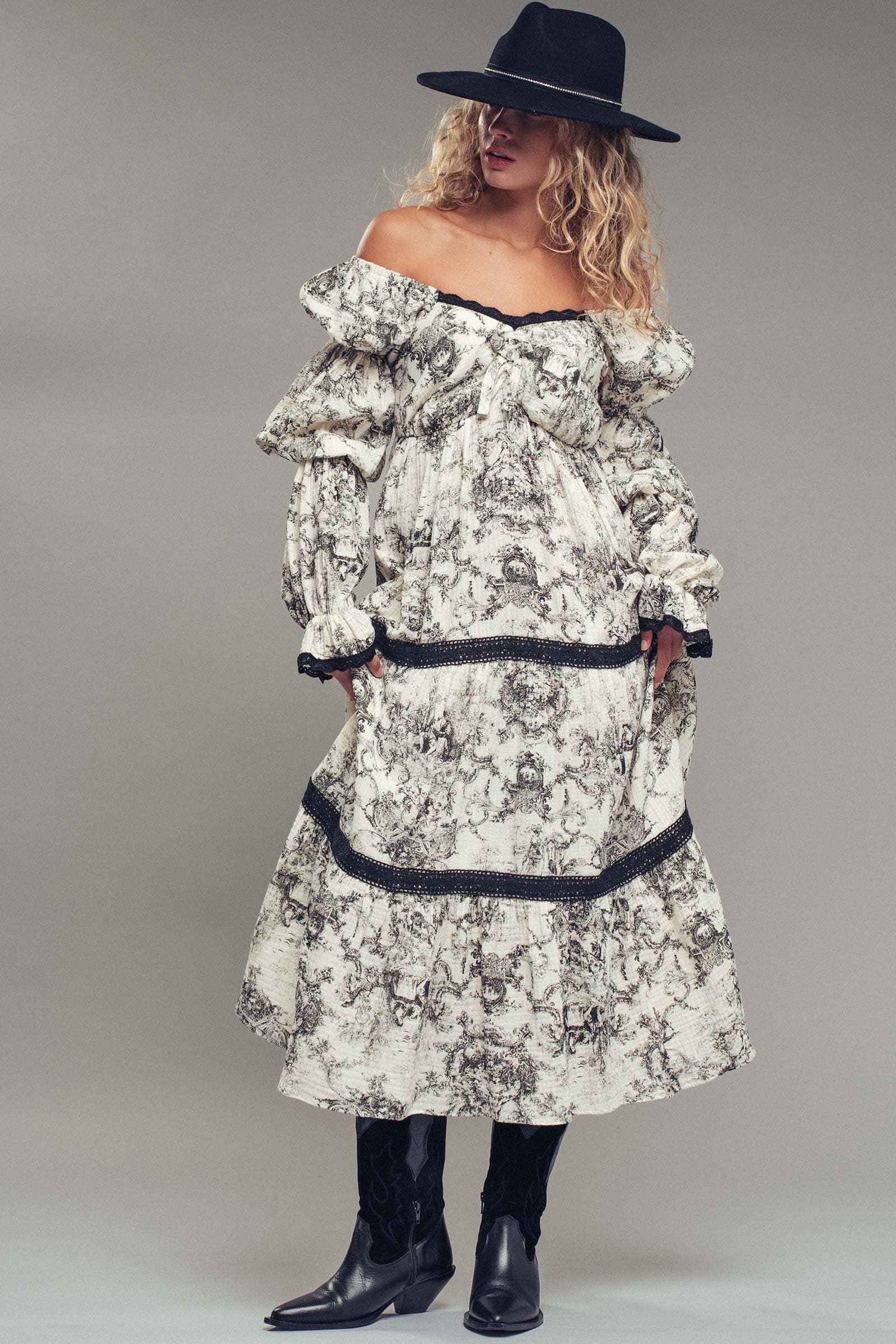 Off-Shoulder Tiered Puff Sleeve Midi Dress