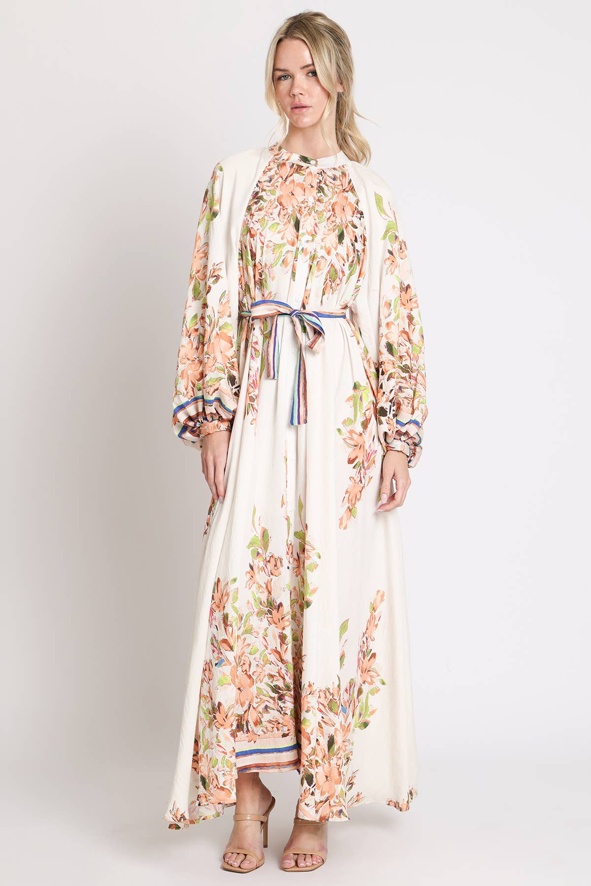 Floral Print Belted Puff Button Up Maxi Dress Ritzy Rexann Floral Print Belted Puff Button Up Maxi Dress Ritzy Rexann