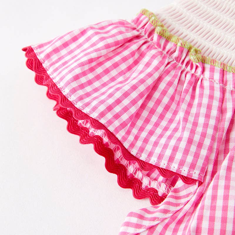 Pink Plaid Crocodile Embroidered Smocked Dress