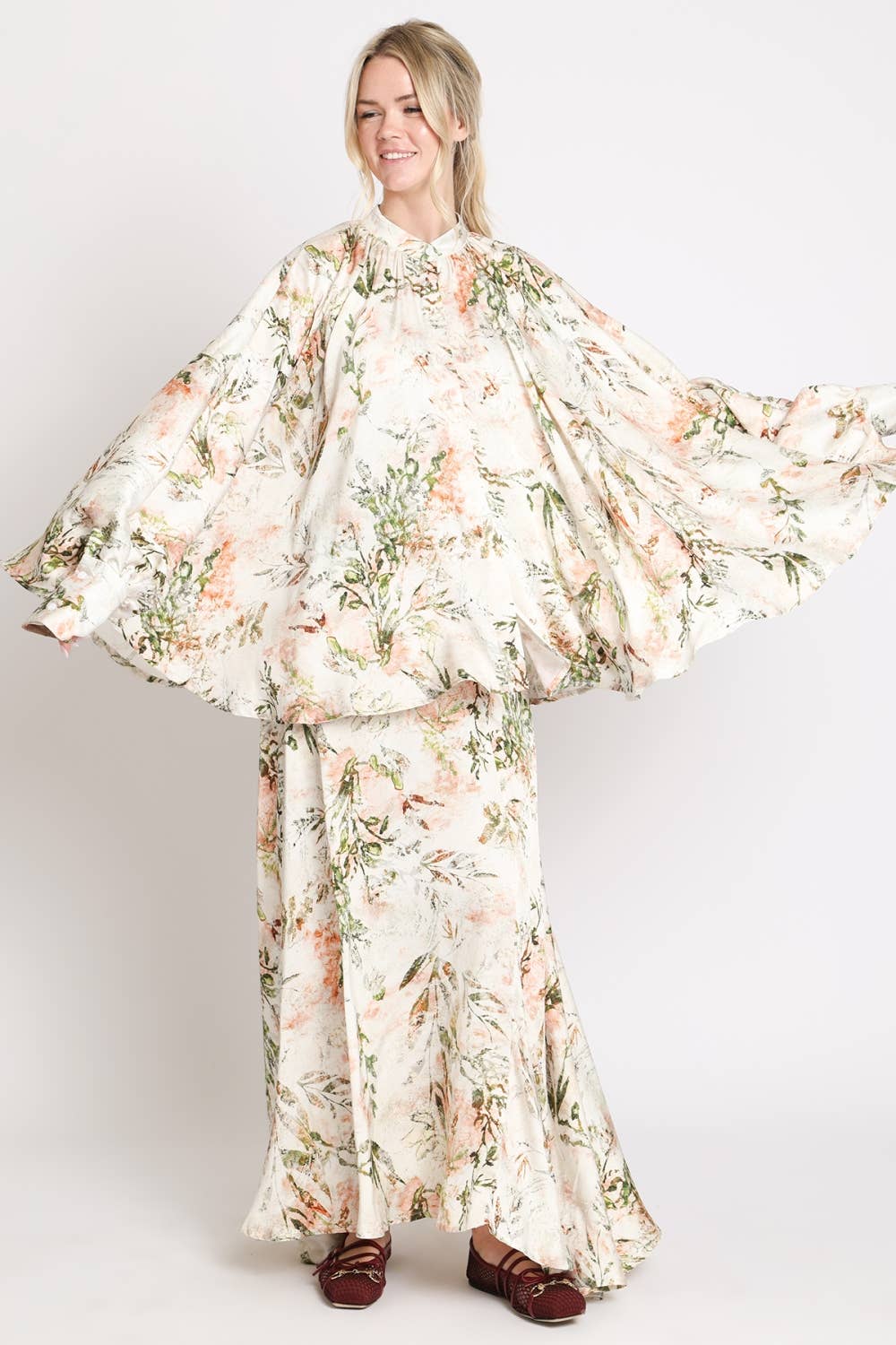 Watercolor Floral Printed Satin Tunic & Skirt Set