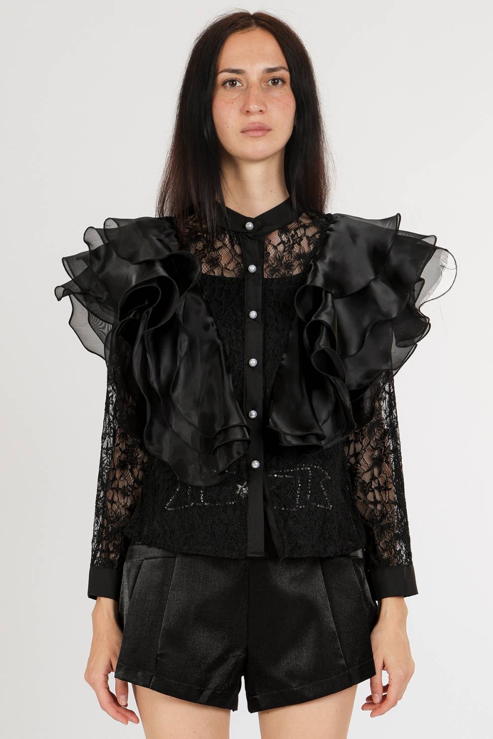 Tiered Ruffles Embroidered Mesh Blouse