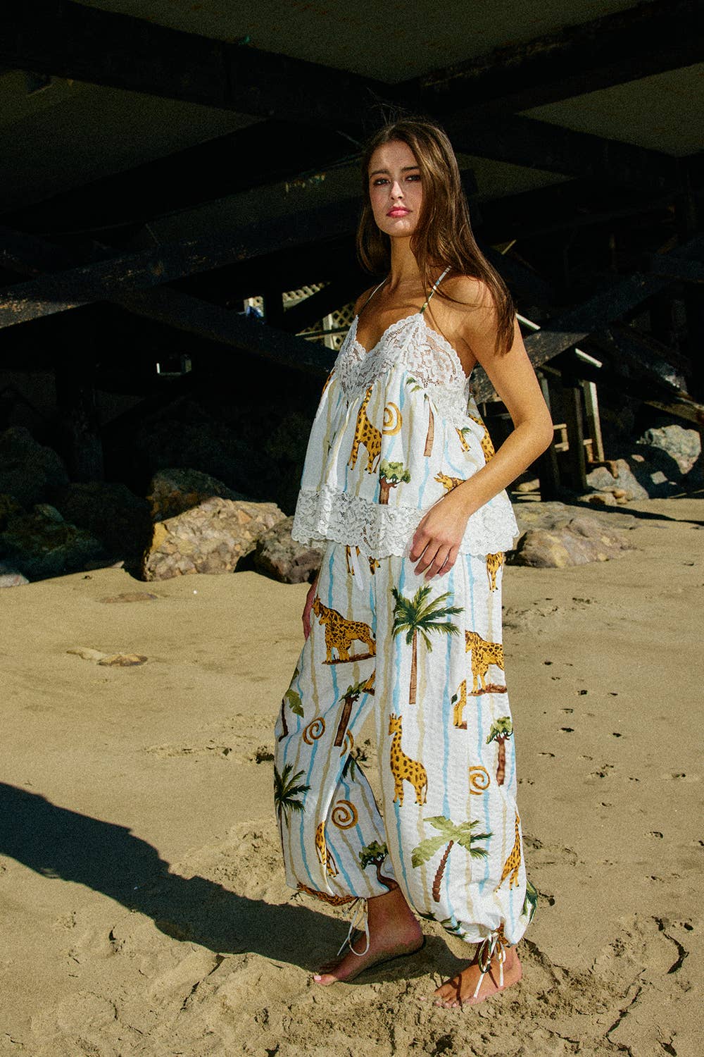 Comfy Elastic Waist Tropical Print Pants