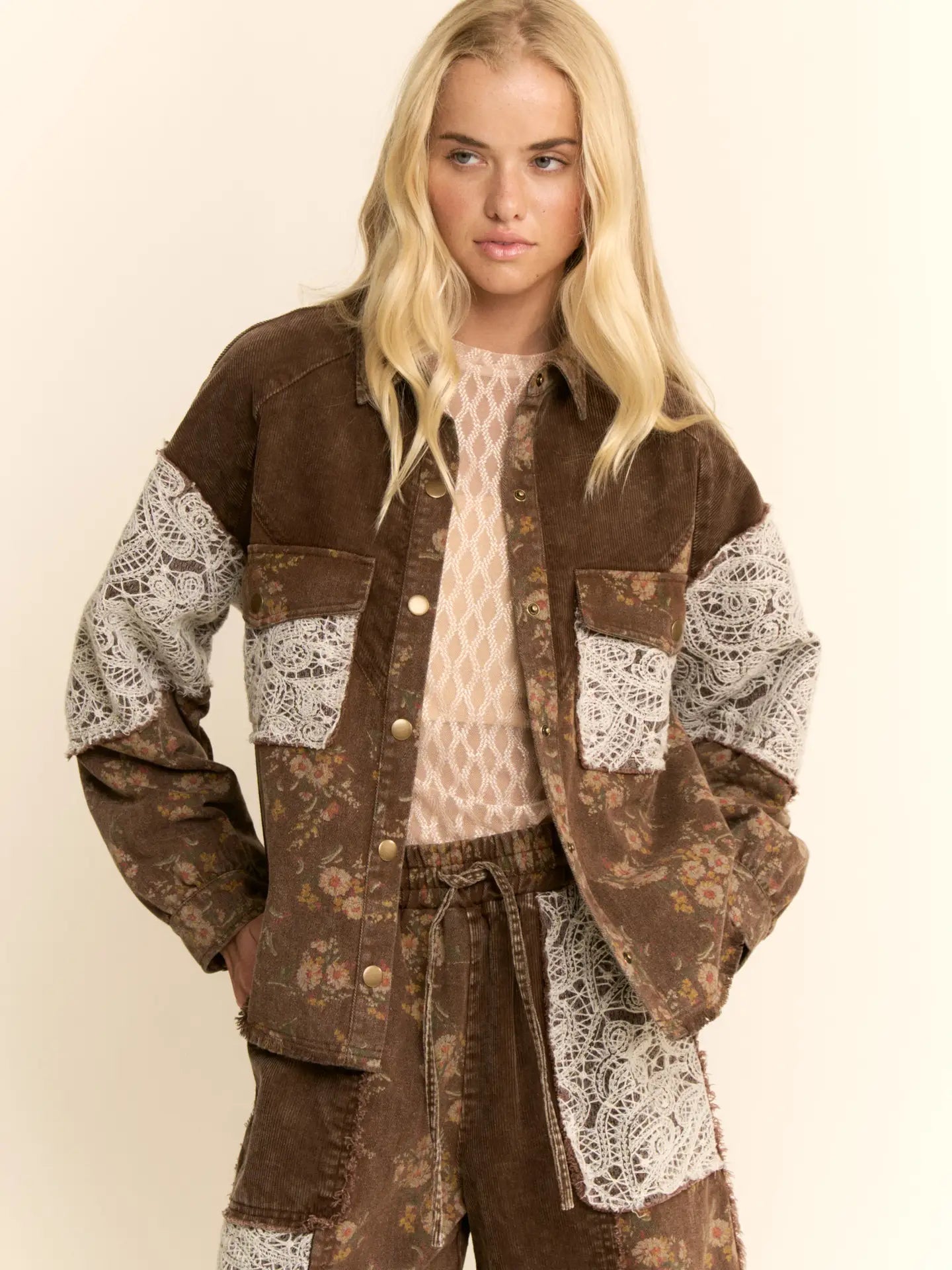 Davi and Dani Washed Floral Button Front Shacket Brown Multi