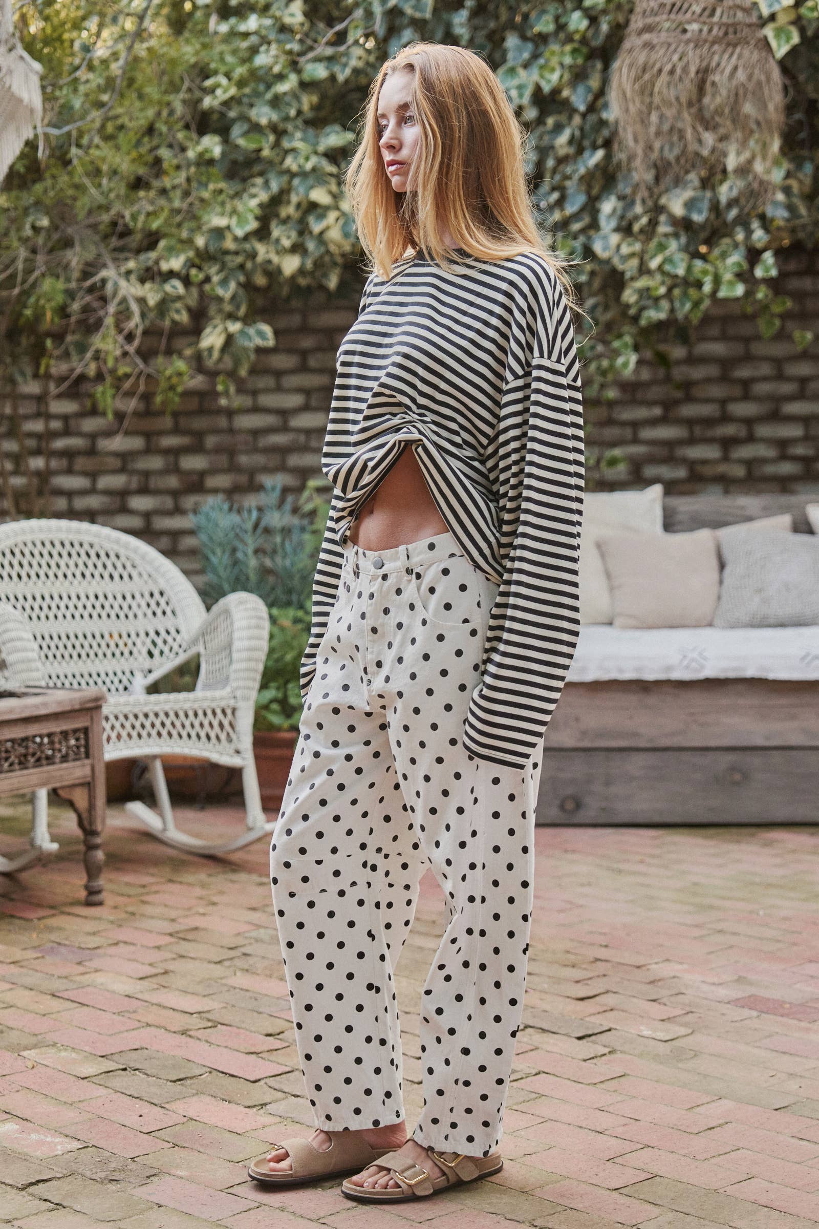 Polka Dot Print Cotton Barrel Leg Jeans