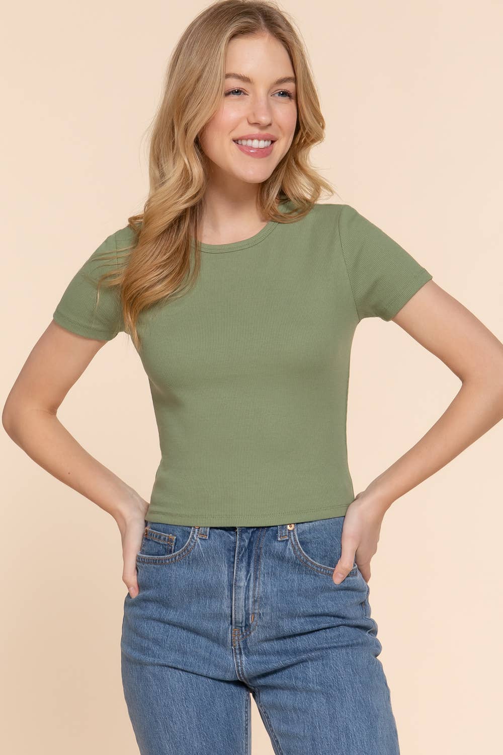 Short Sleeve Crew Neck Rib Knit Top