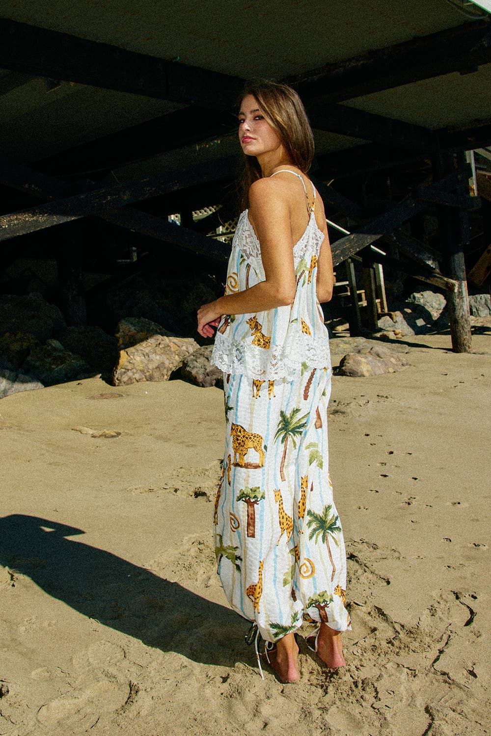 Tropical Print Lace Detail Top