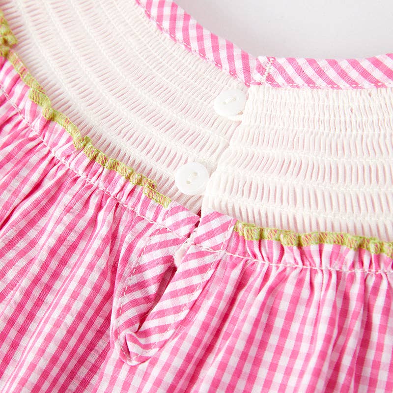 Pink Plaid Crocodile Embroidered Smocked Dress