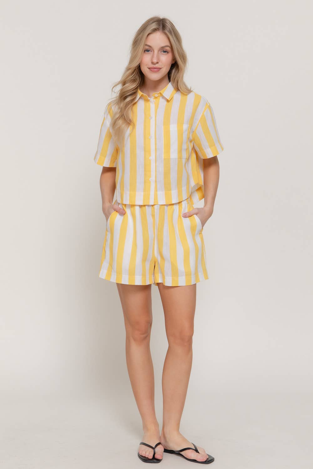 Short Sleeve Shirt & Wide Stripe Linen Effect Shorts Set