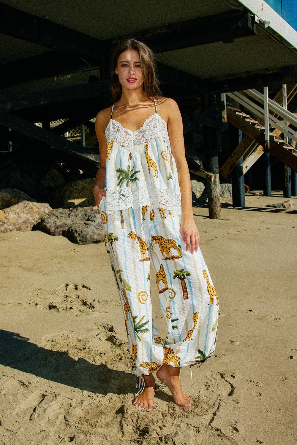 Comfy Elastic Waist Tropical Print Pants