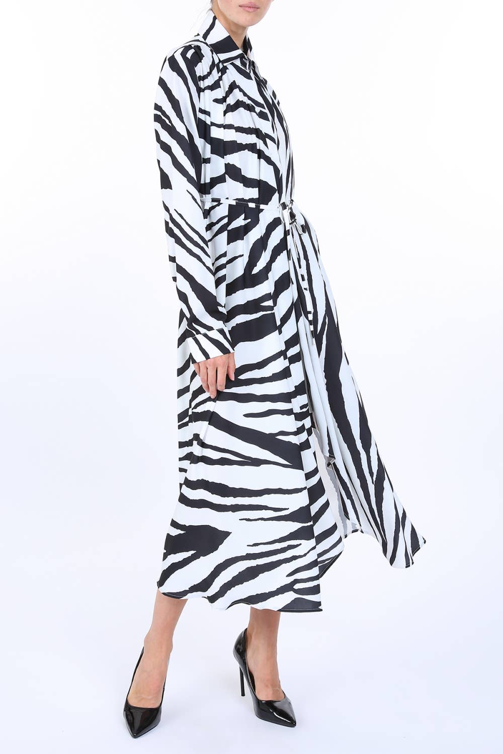 Zebra Print Belted Satin Midi Shirt Dress