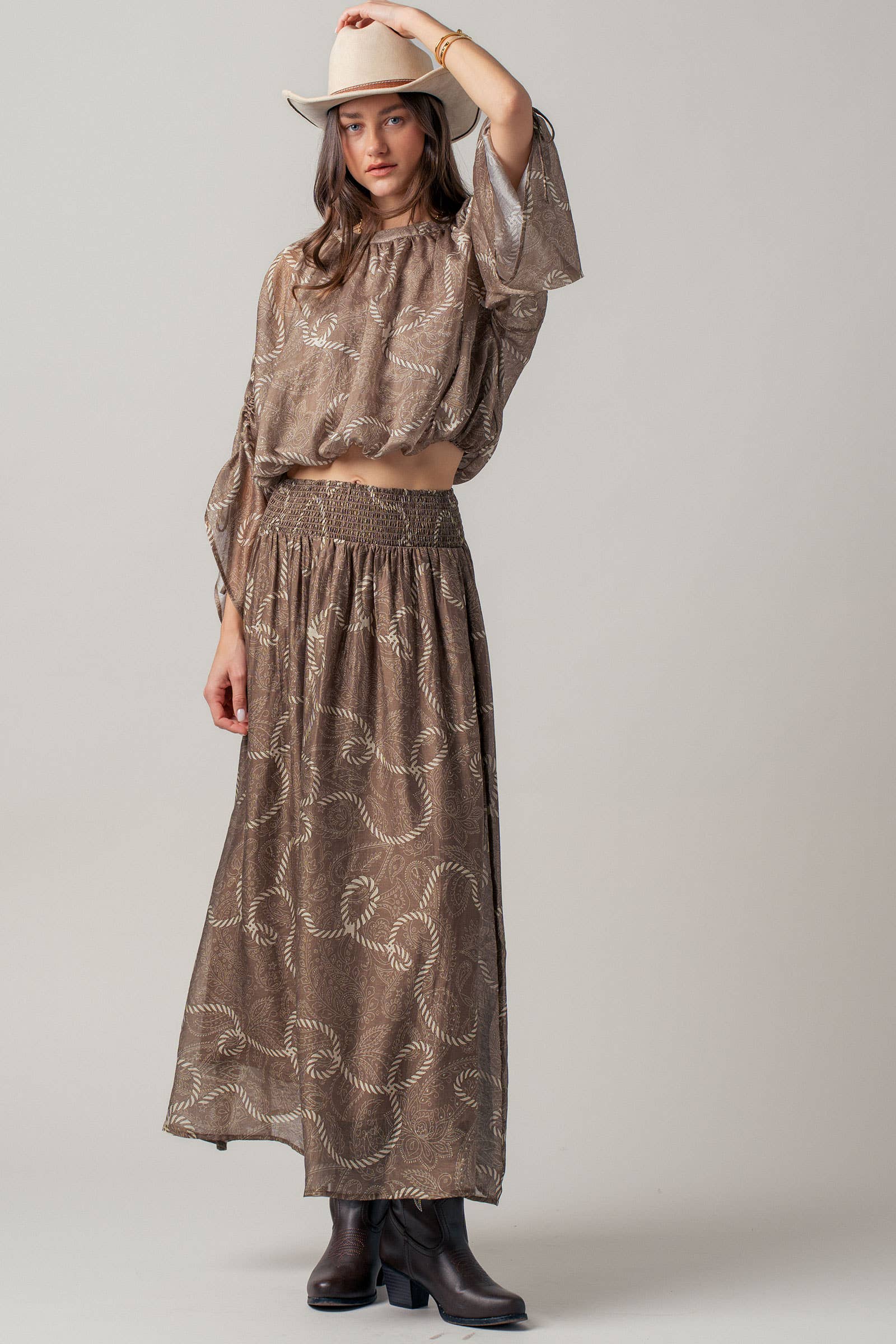 Rope Print Smocked Waist Maxi Skirt Linen Silk
